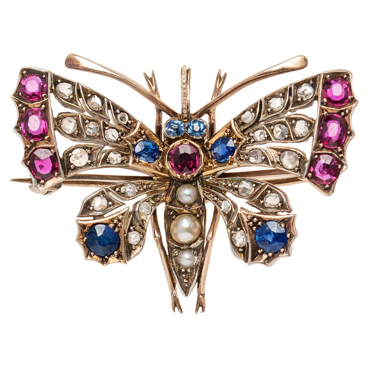 Art Nouveau 14kt/Sterling, Sapphire, Ruby, Diamond + Pearl Butterfly Pin/Pendant For Sale