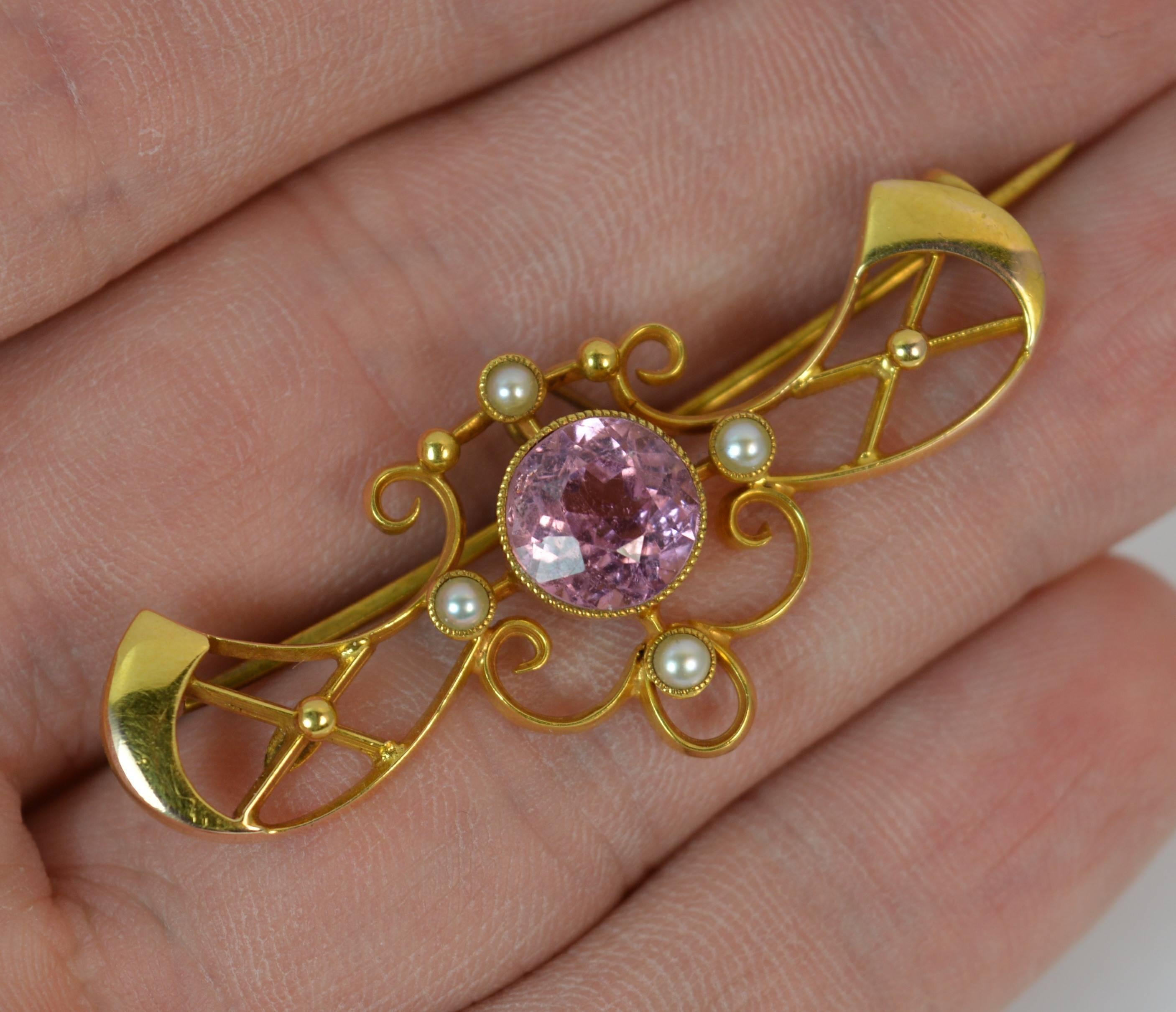 Round Cut Art Nouveau 15 Carat Gold Pink Sapphire and Pearl Brooch