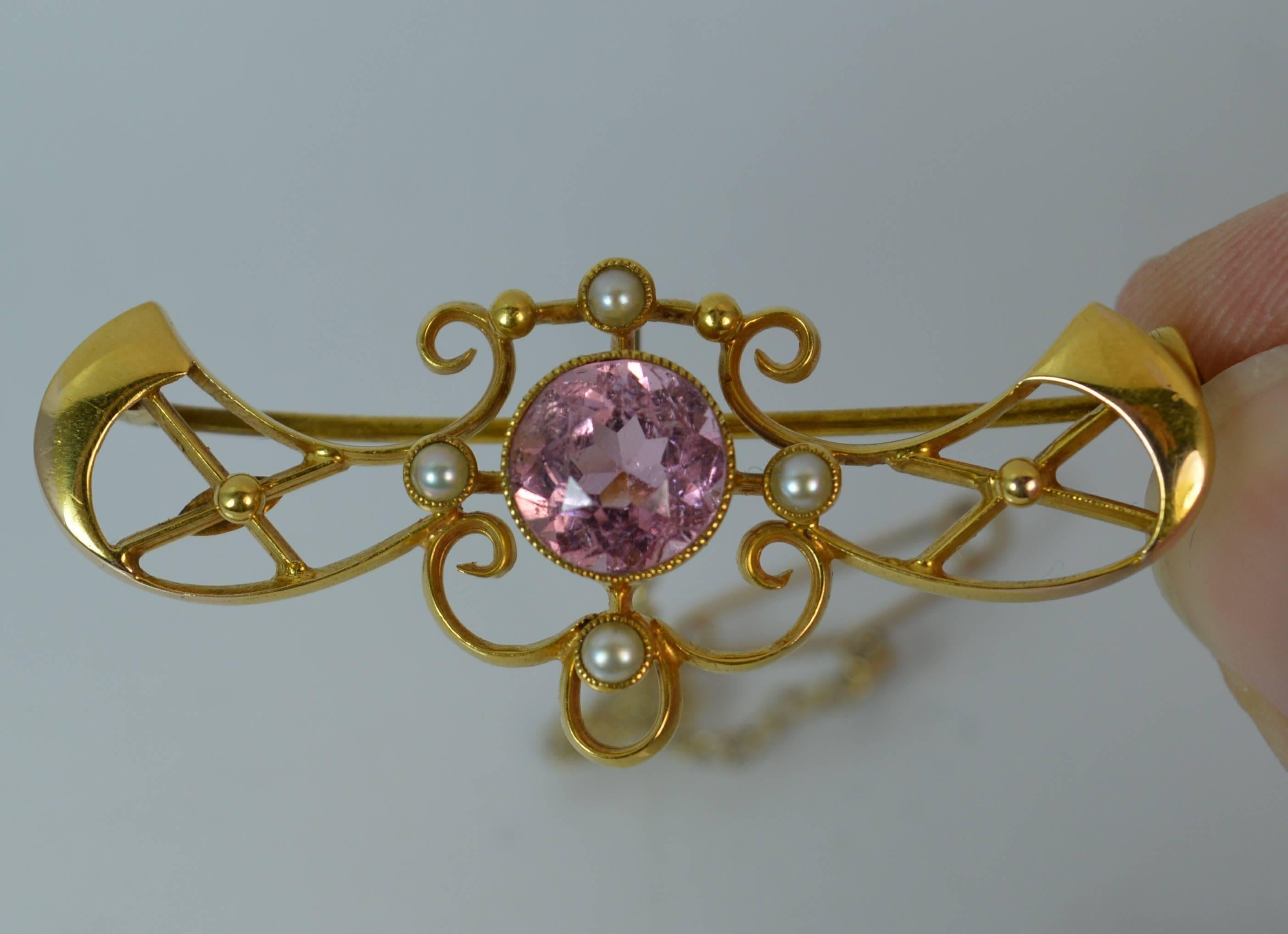 Art Nouveau 15 Carat Gold Pink Sapphire and Pearl Brooch In Excellent Condition In St Helens, GB