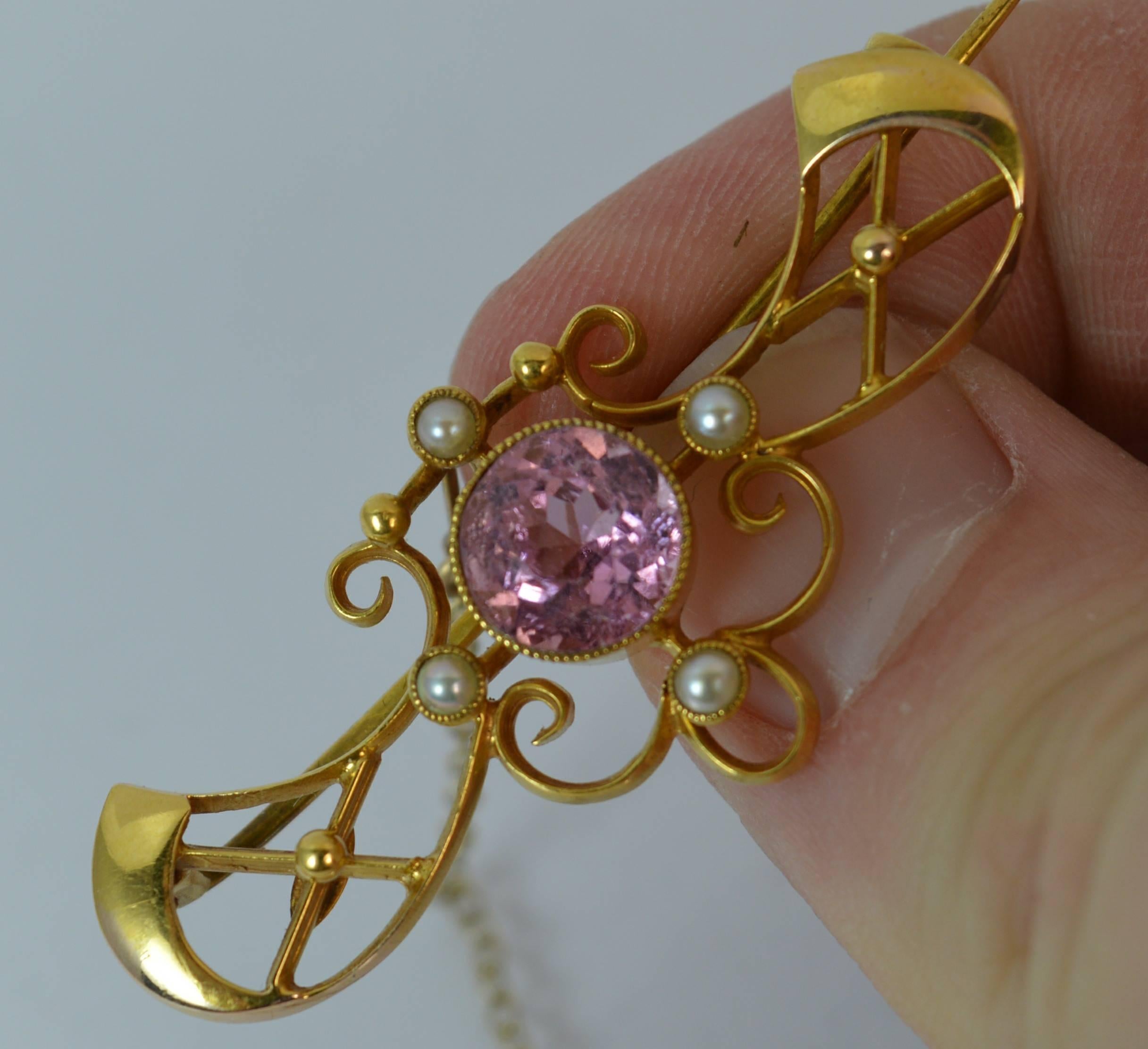 Women's Art Nouveau 15 Carat Gold Pink Sapphire and Pearl Brooch