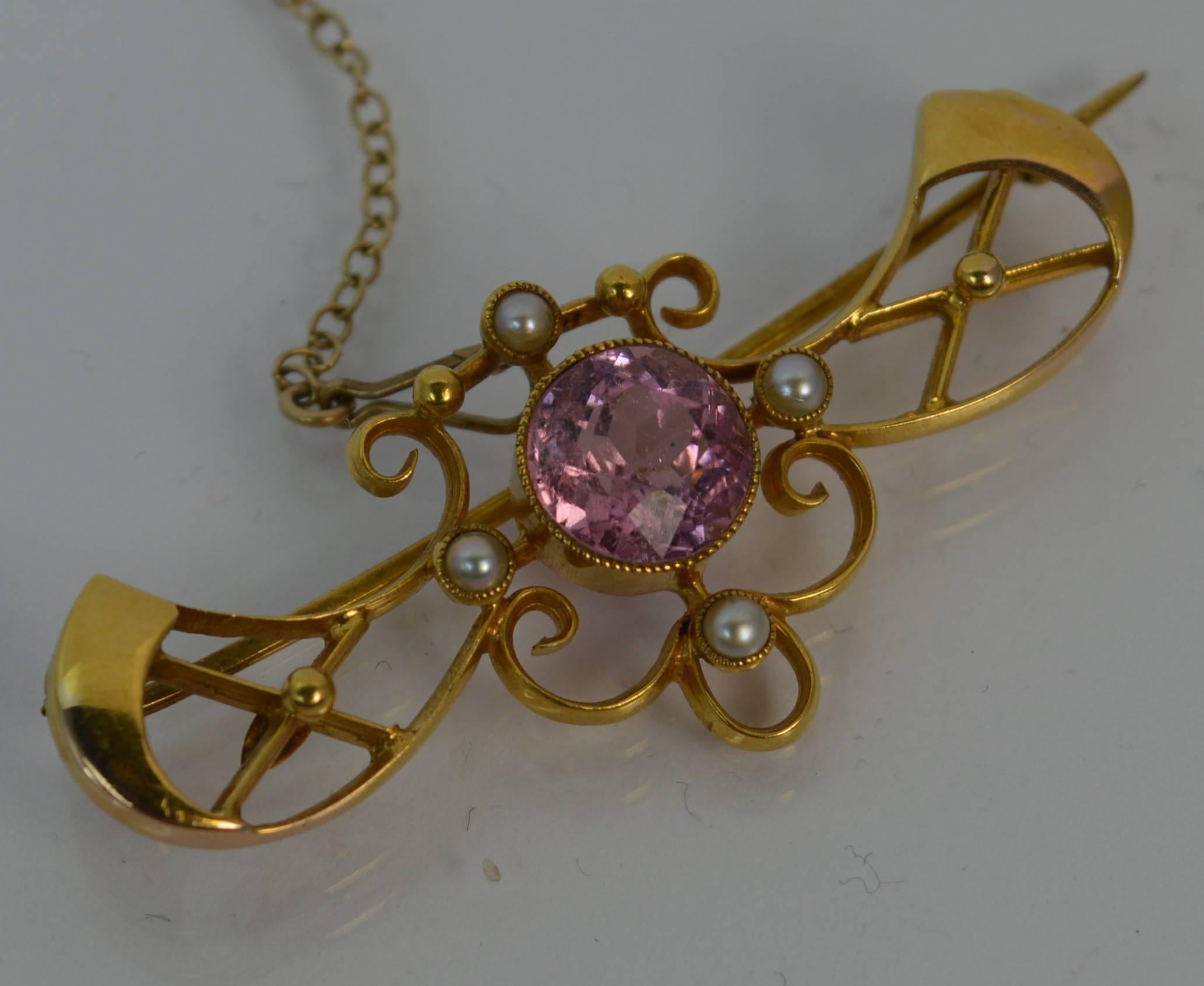 Art Nouveau 15 Carat Gold Pink Sapphire and Pearl Brooch 1
