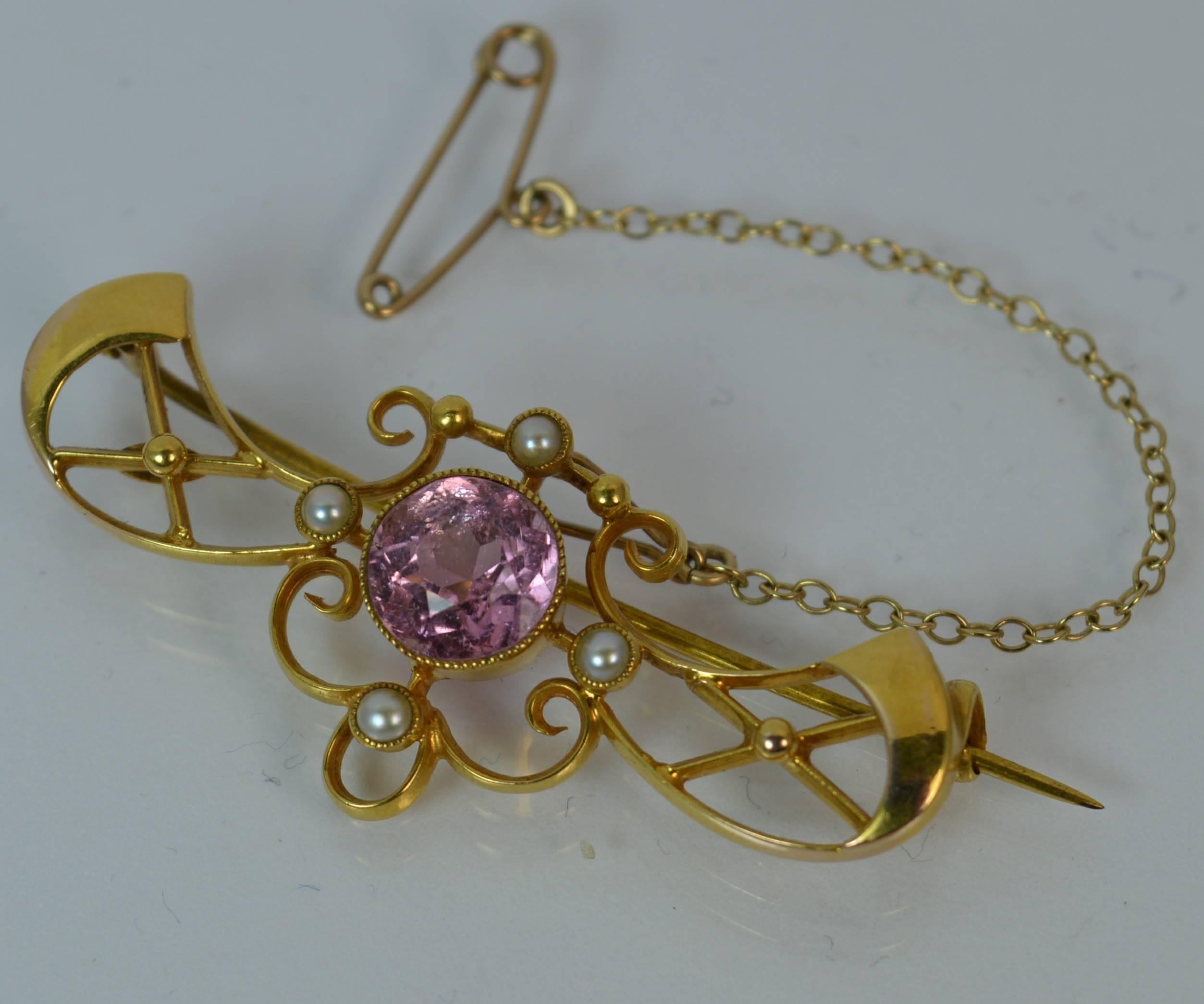 Art Nouveau 15 Carat Gold Pink Sapphire and Pearl Brooch 2