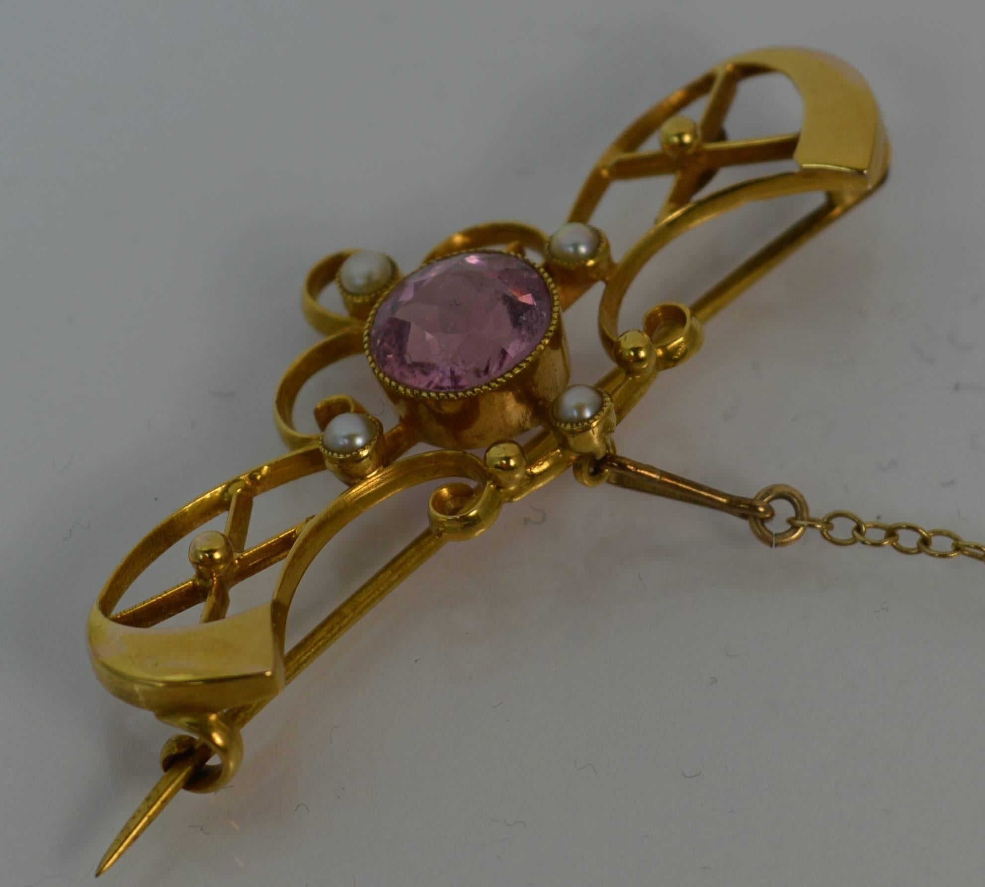 Art Nouveau 15 Carat Gold Pink Sapphire and Pearl Brooch 3