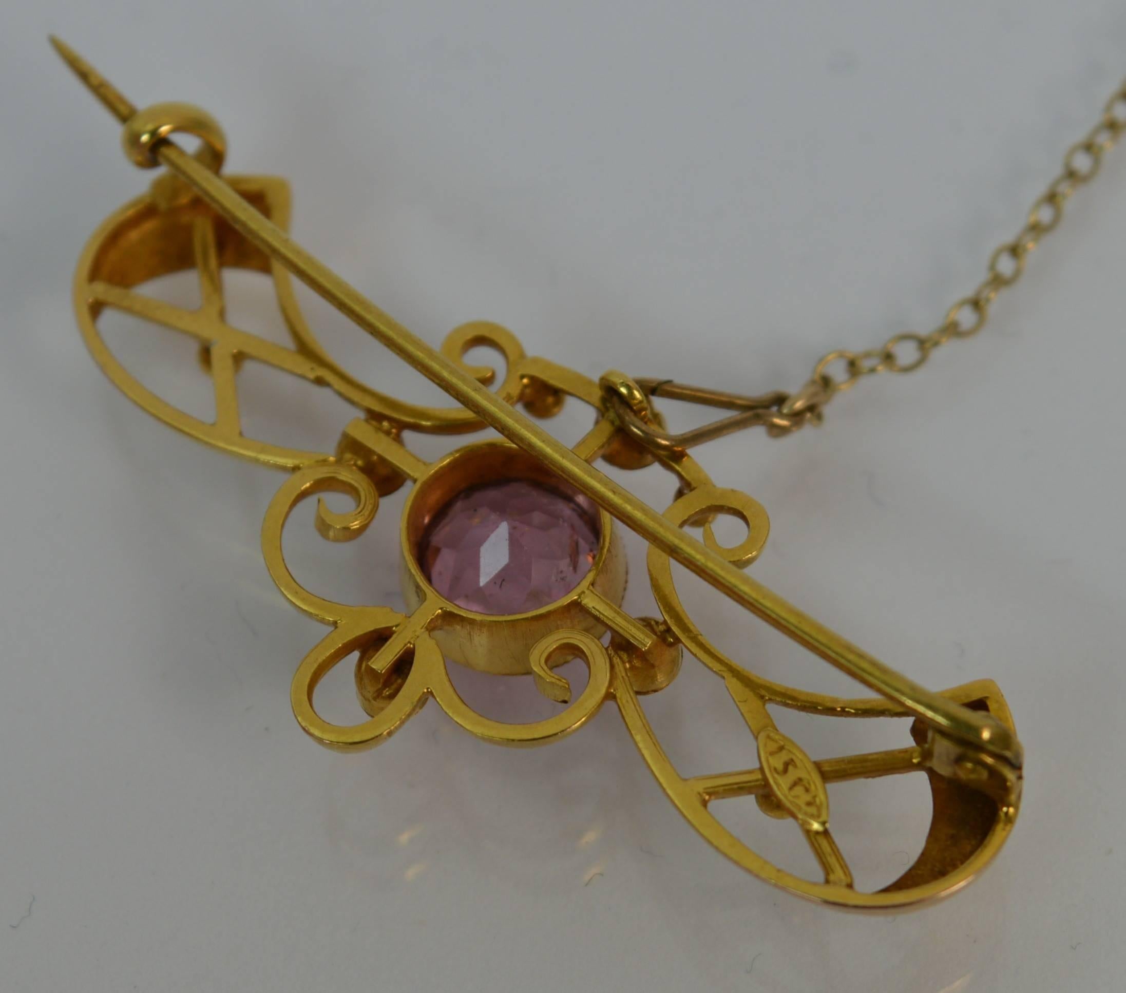 Art Nouveau 15 Carat Gold Pink Sapphire and Pearl Brooch 4