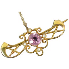 Art Nouveau 15 Carat Gold Pink Sapphire and Pearl Brooch