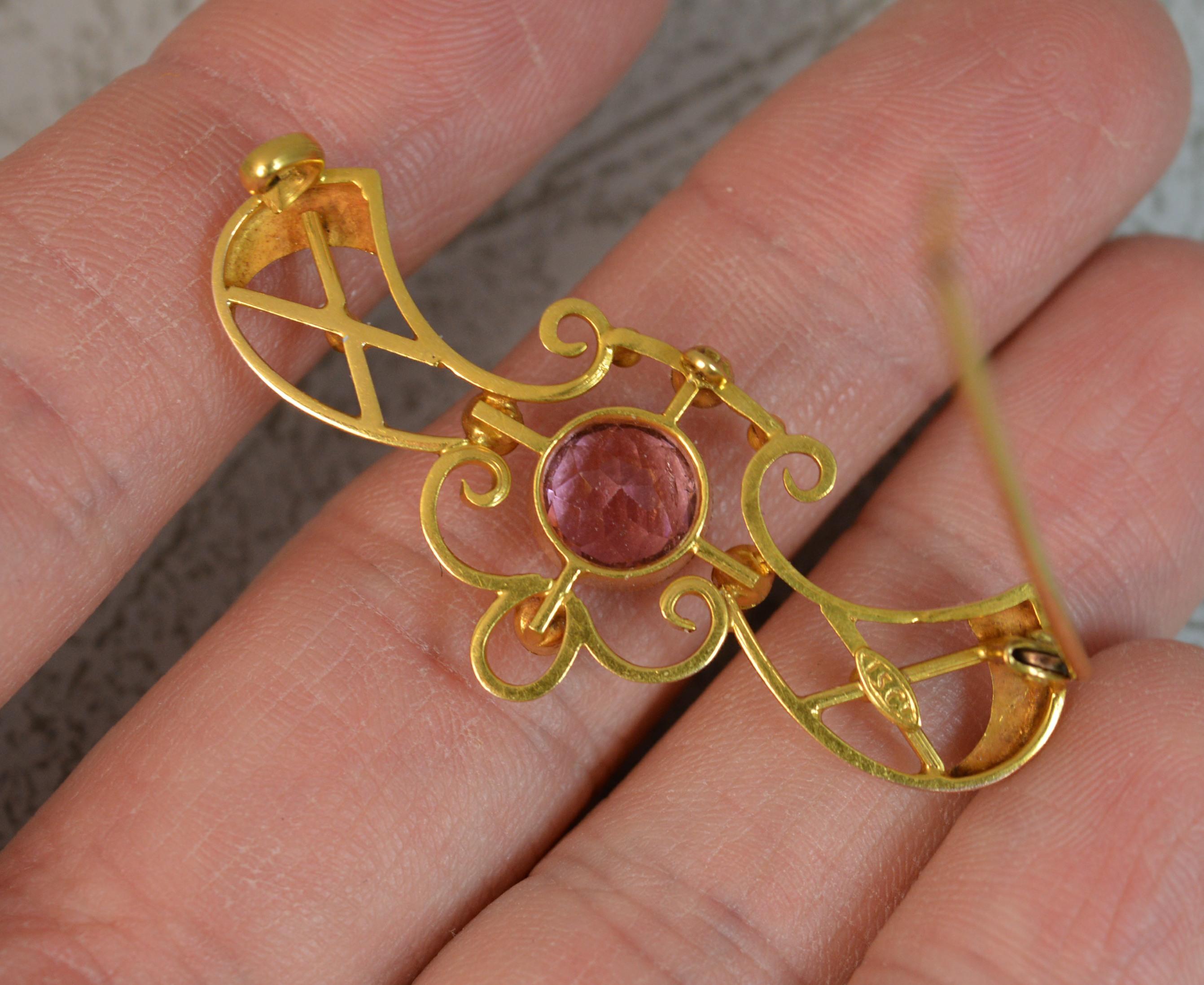 Art Nouveau 15 Carat Gold Pink Tourmaline Pearl Brooch 6