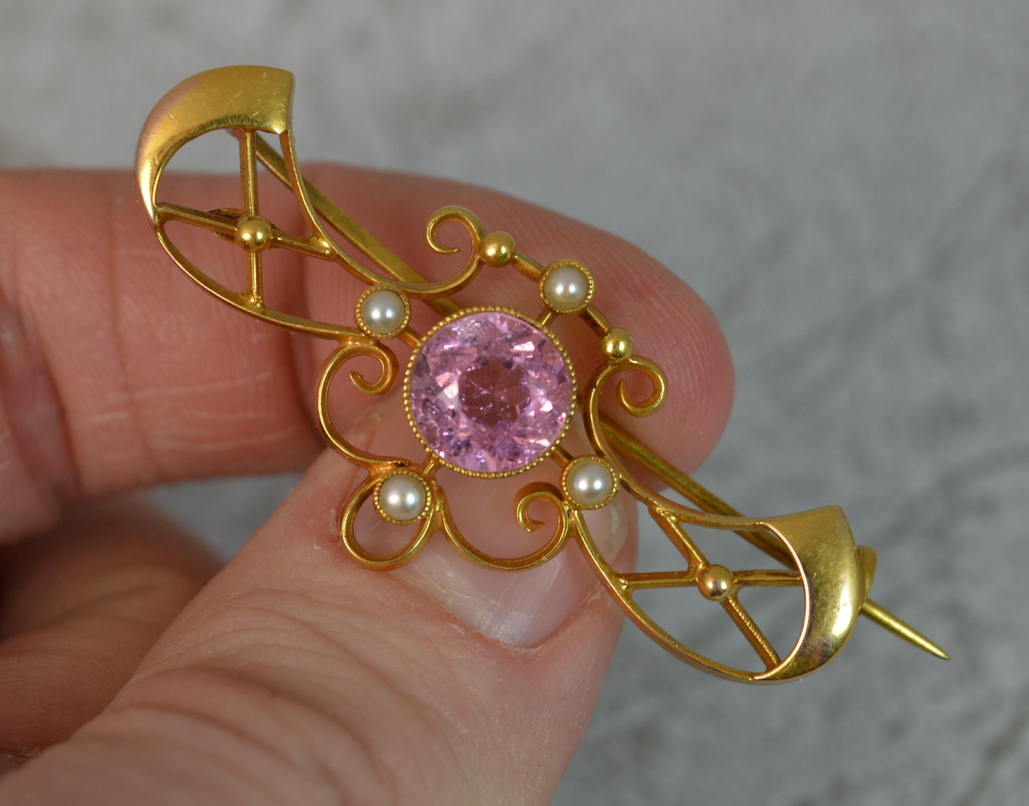 Art Nouveau 15 Carat Gold Pink Tourmaline Pearl Brooch In Excellent Condition In St Helens, GB