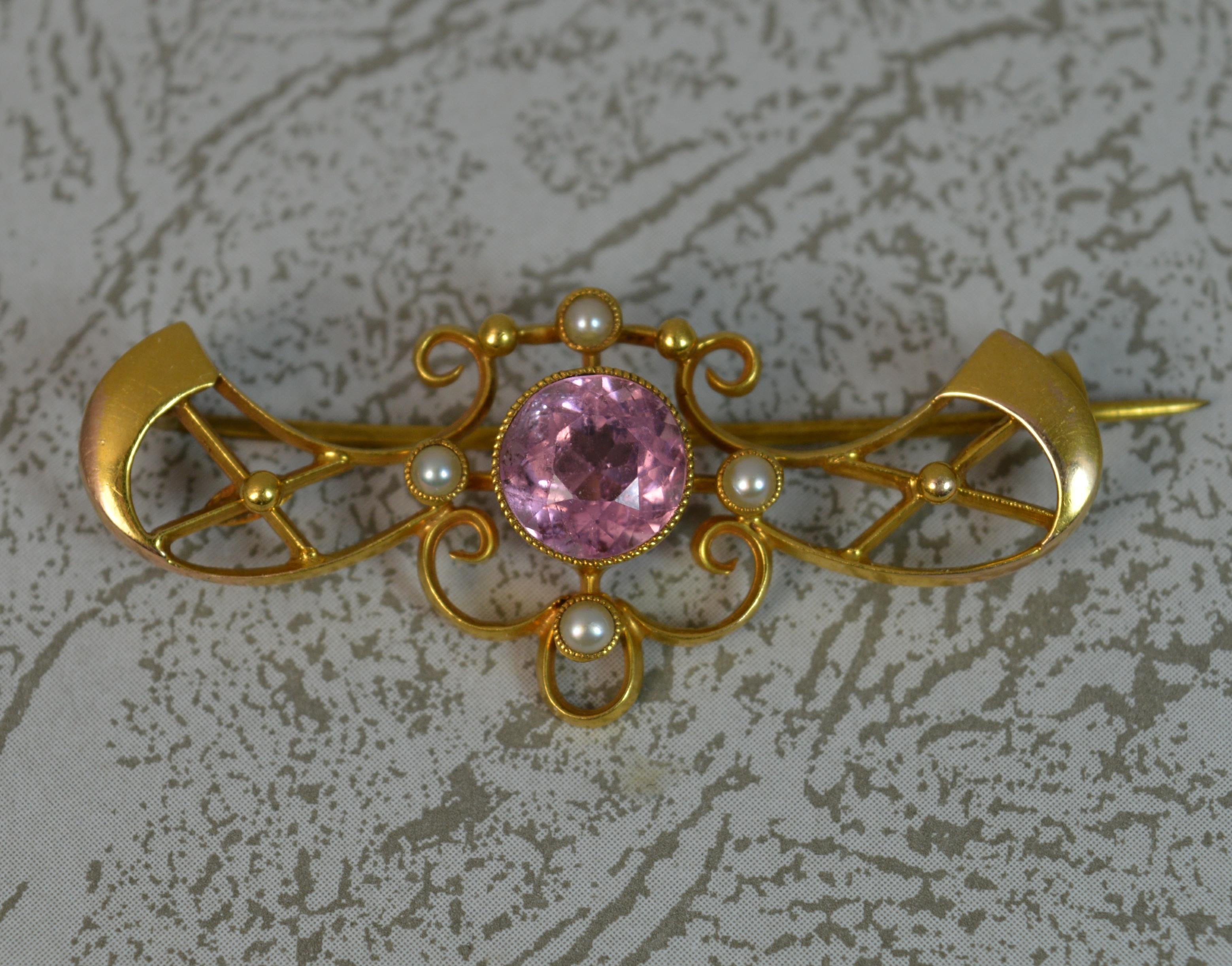 Women's Art Nouveau 15 Carat Gold Pink Tourmaline Pearl Brooch
