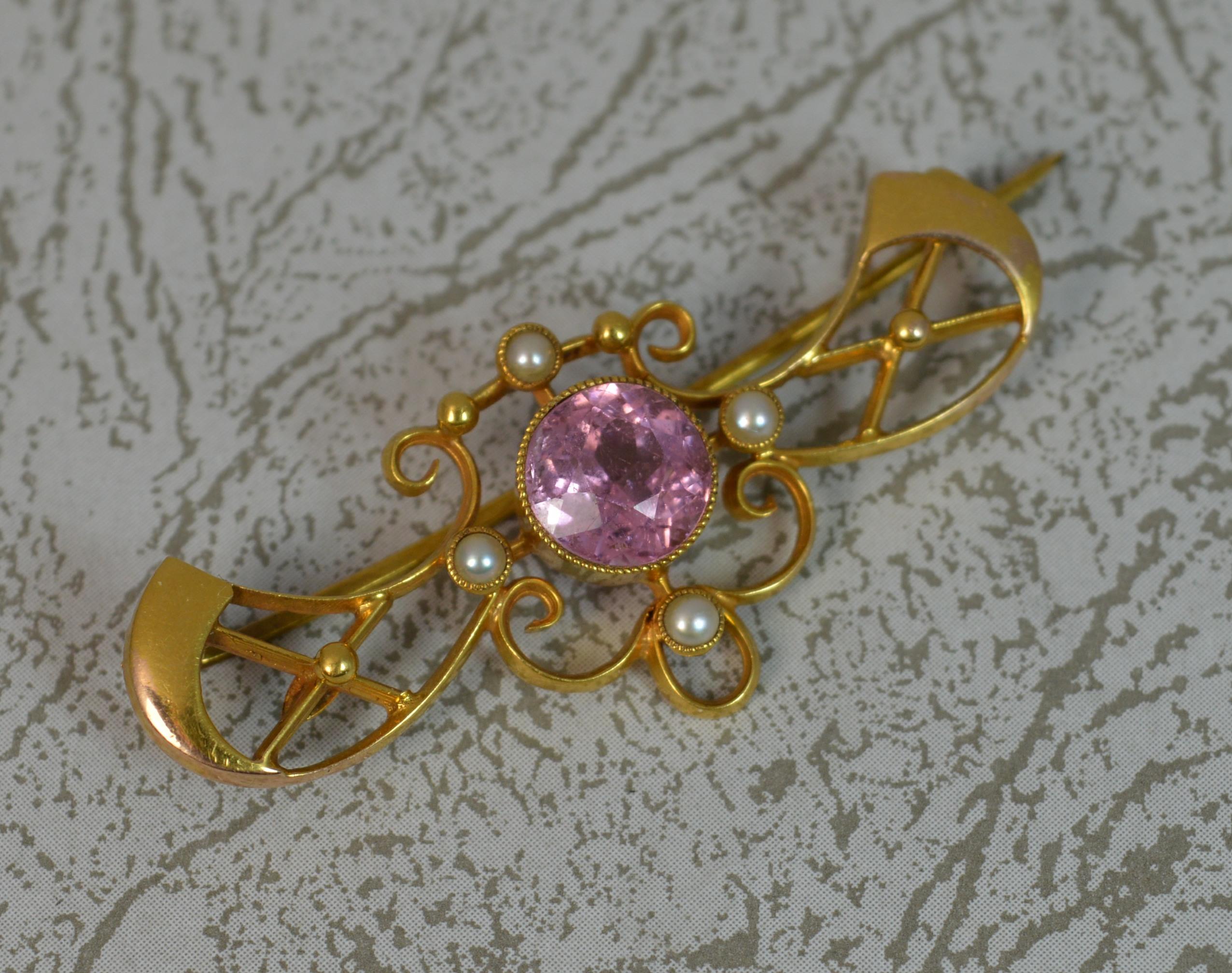 Art Nouveau 15 Carat Gold Pink Tourmaline Pearl Brooch 1