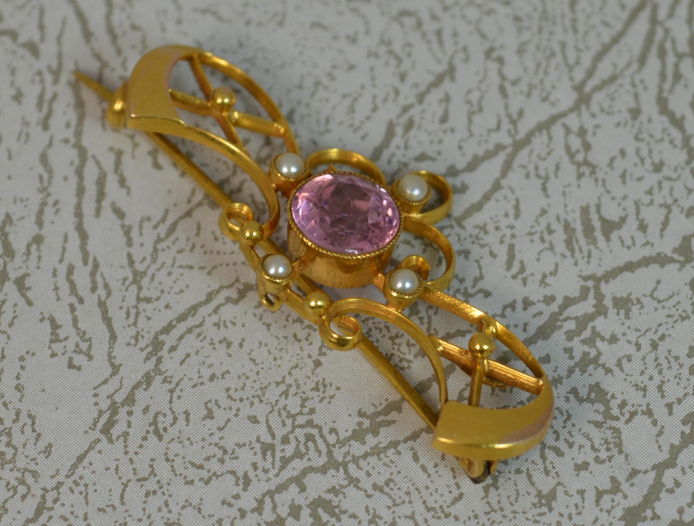 Art Nouveau 15 Carat Gold Pink Tourmaline Pearl Brooch 2