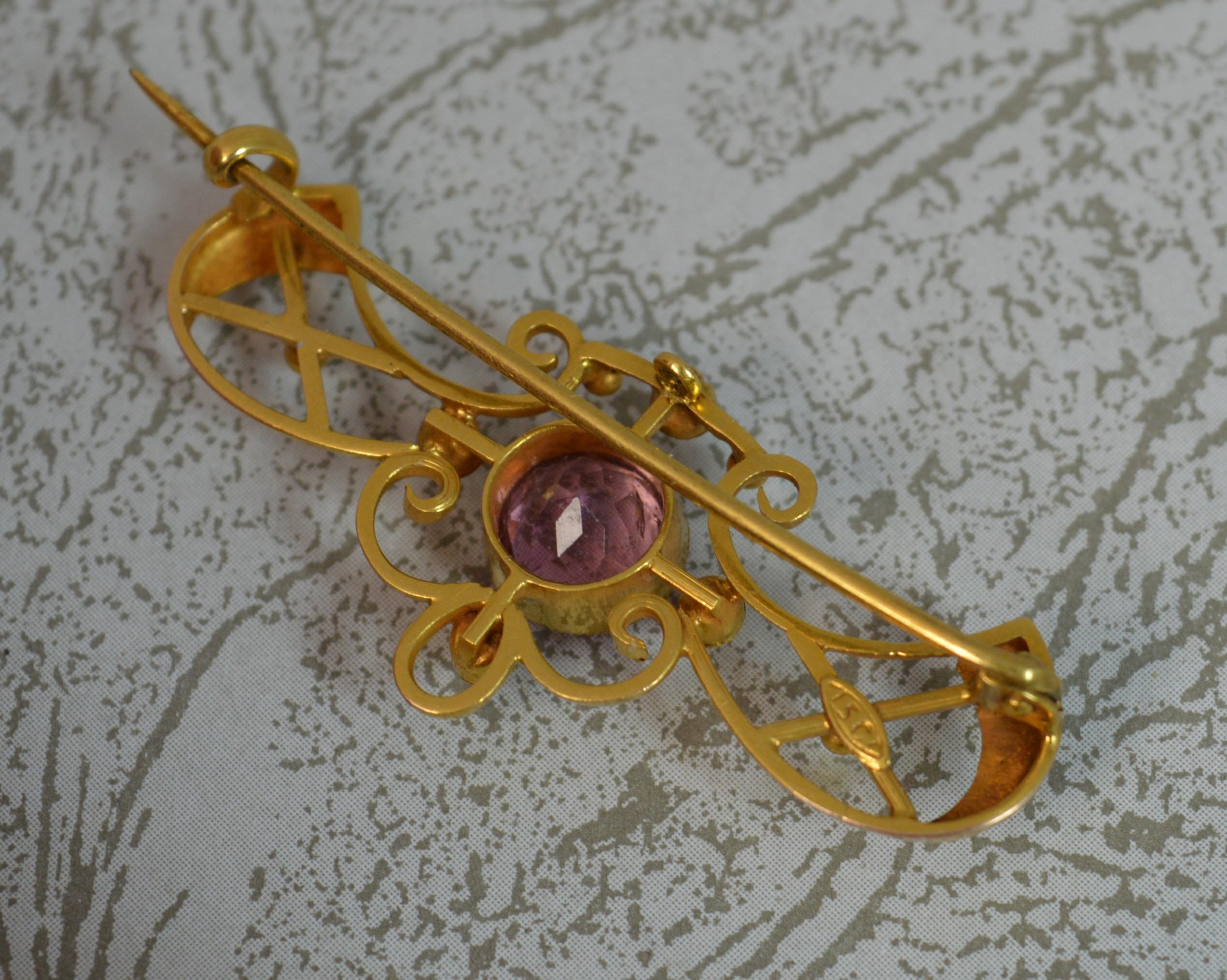 Art Nouveau 15 Carat Gold Pink Tourmaline Pearl Brooch 3