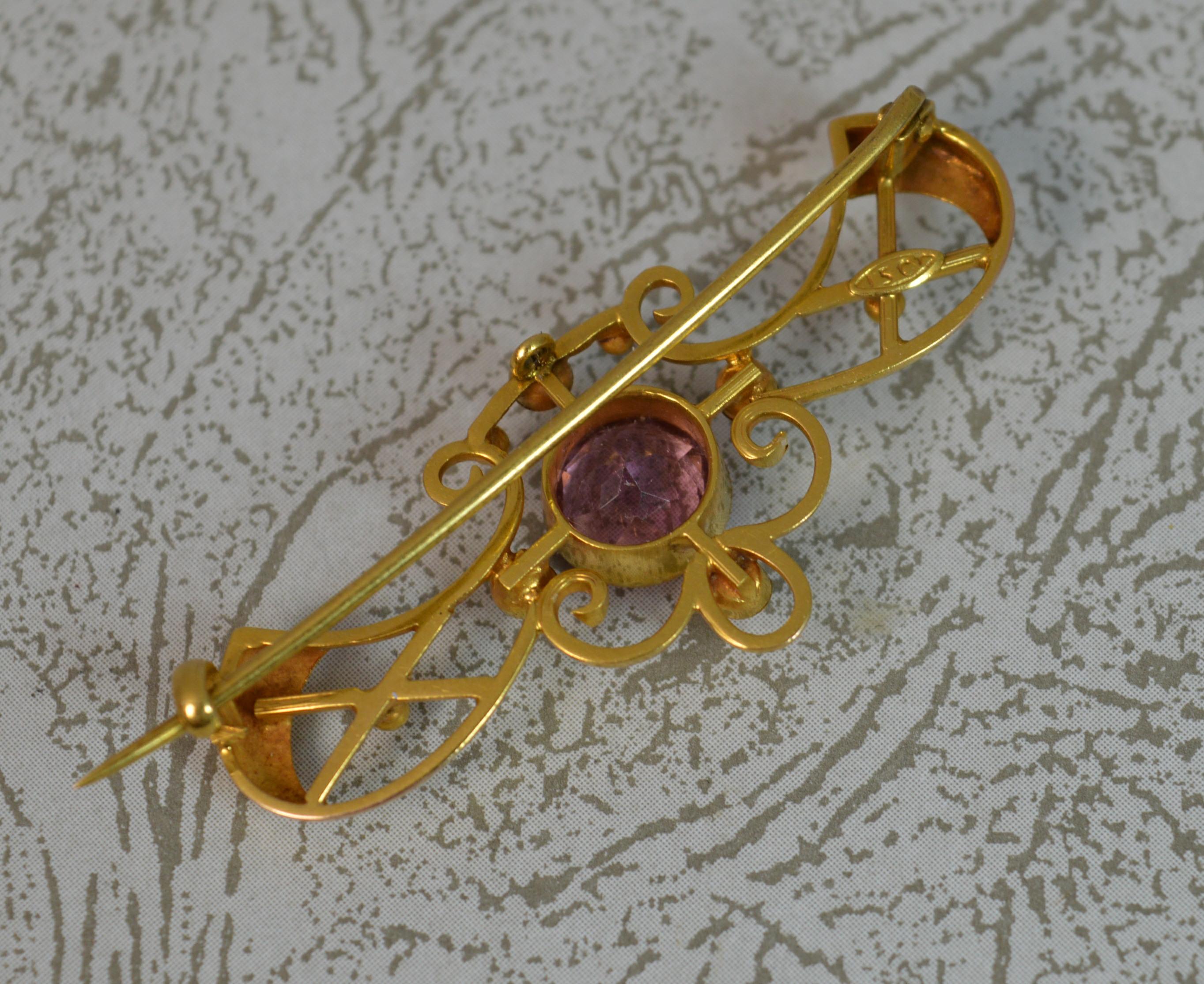 Art Nouveau 15 Carat Gold Pink Tourmaline Pearl Brooch 4