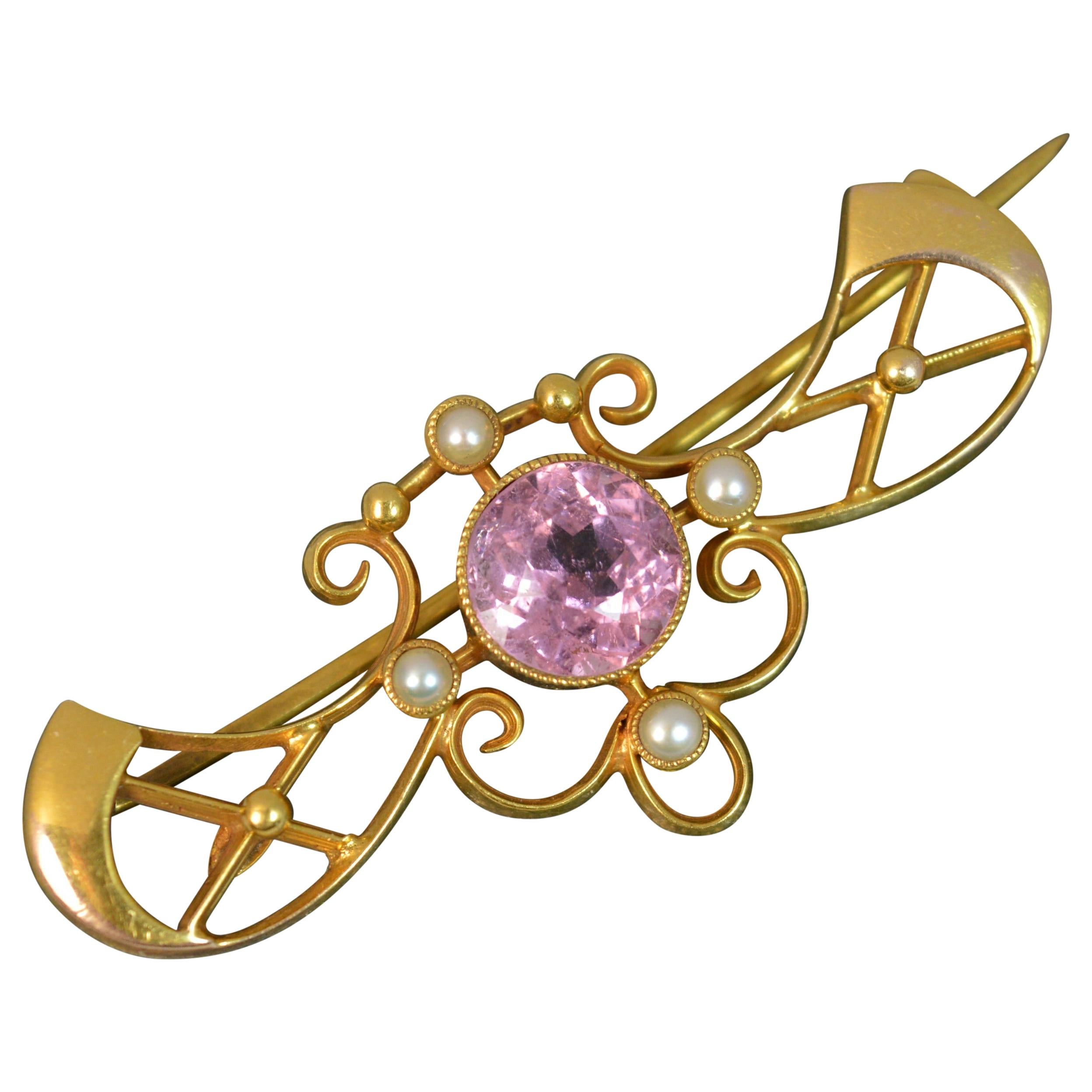 Art Nouveau 15 Carat Gold Pink Tourmaline Pearl Brooch
