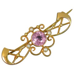 Art Nouveau 15 Carat Gold Pink Tourmaline Pearl Brooch