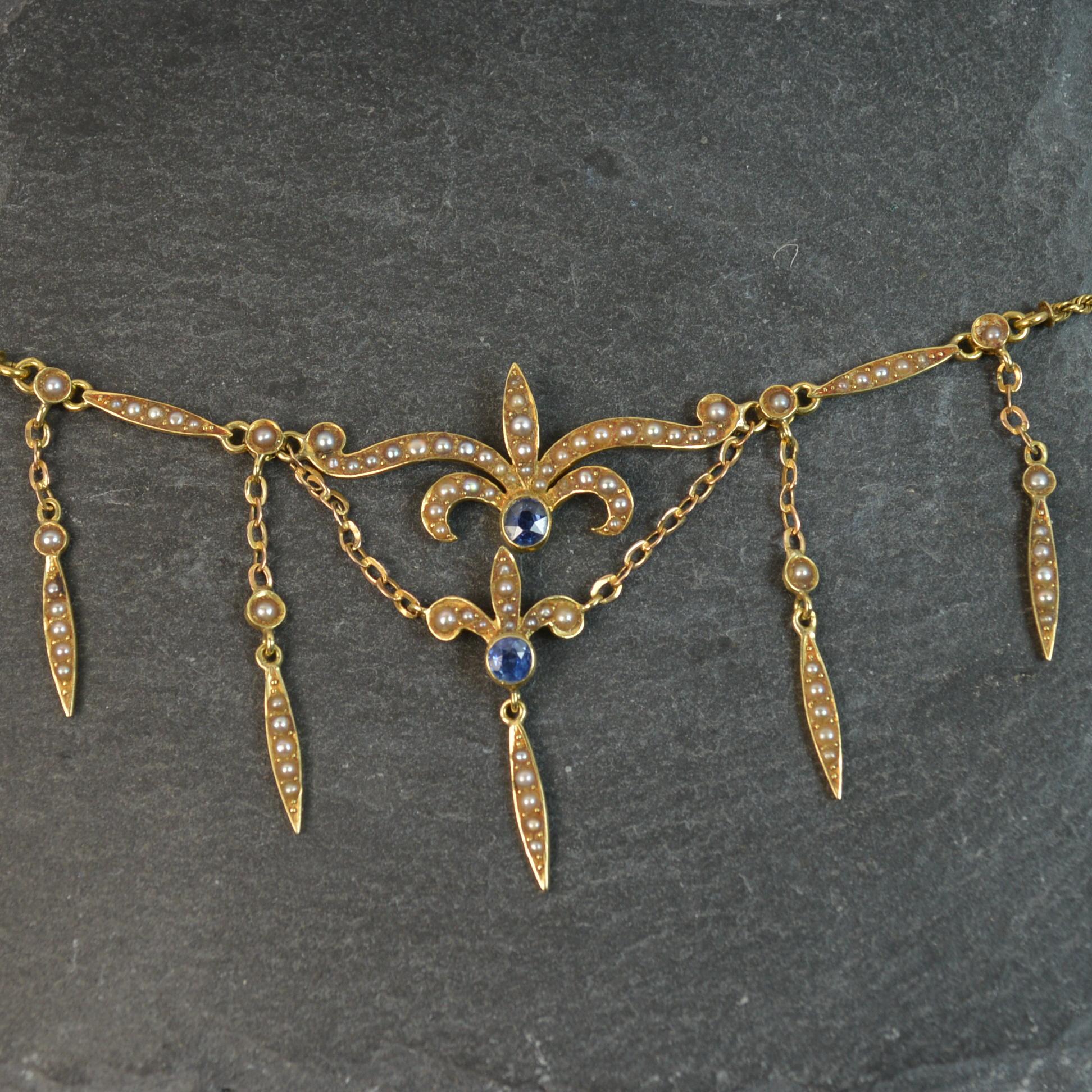 Art Nouveau 15 Carat Gold Sapphire and Seed Pearl Long Necklace Pendant 5