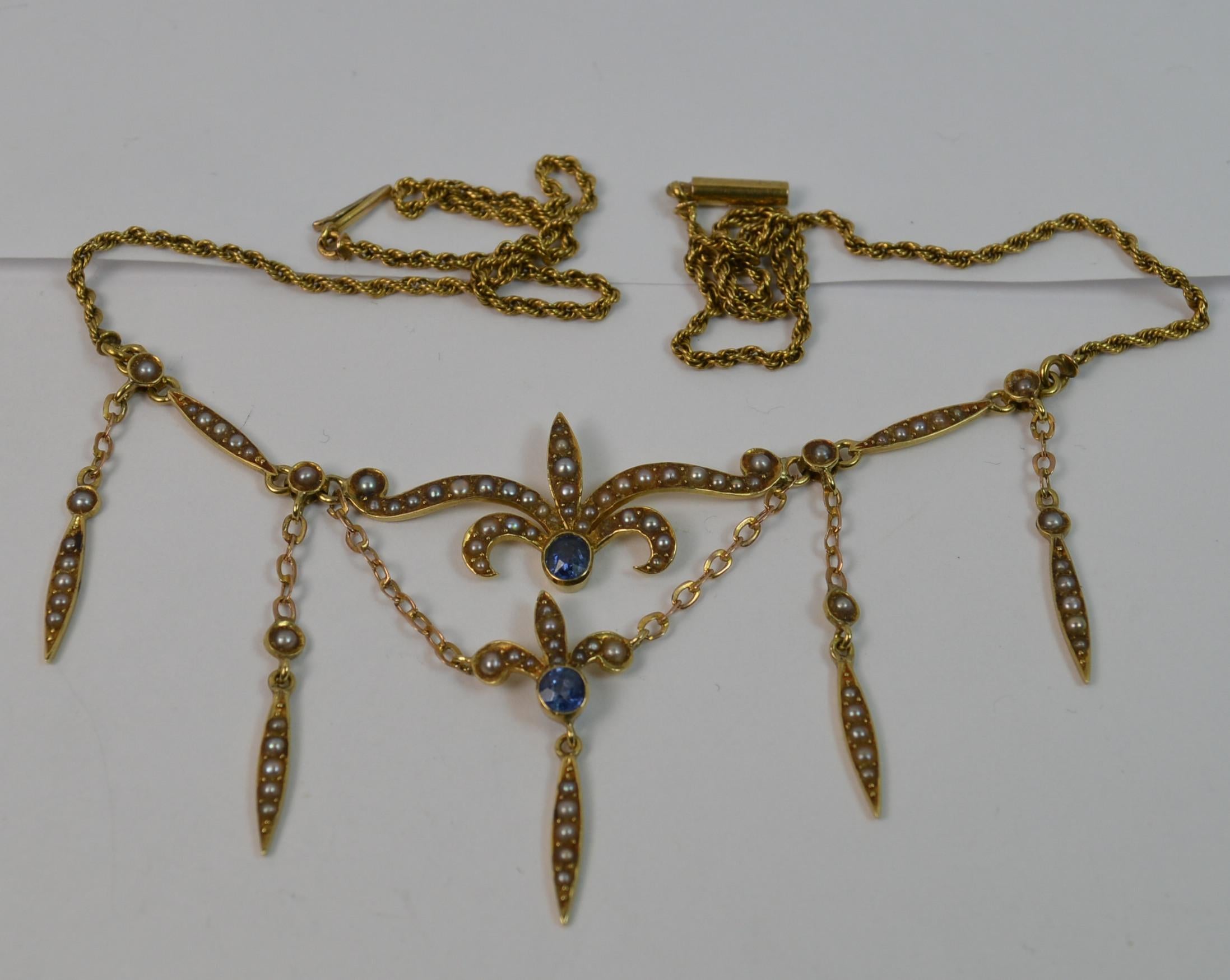 Art Nouveau 15 Carat Gold Sapphire and Seed Pearl Long Necklace Pendant In Excellent Condition In St Helens, GB