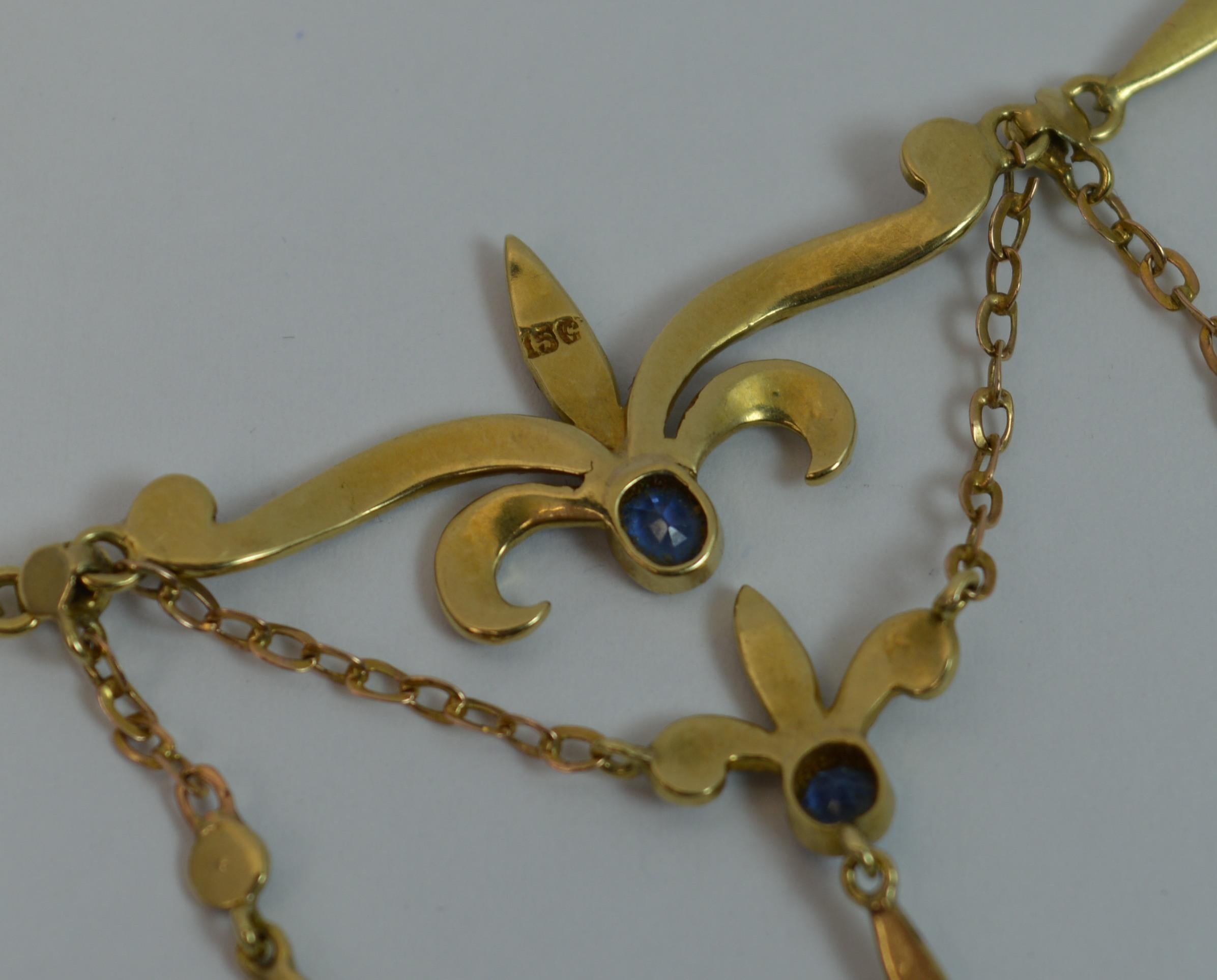 Art Nouveau 15 Carat Gold Sapphire and Seed Pearl Long Necklace Pendant 3