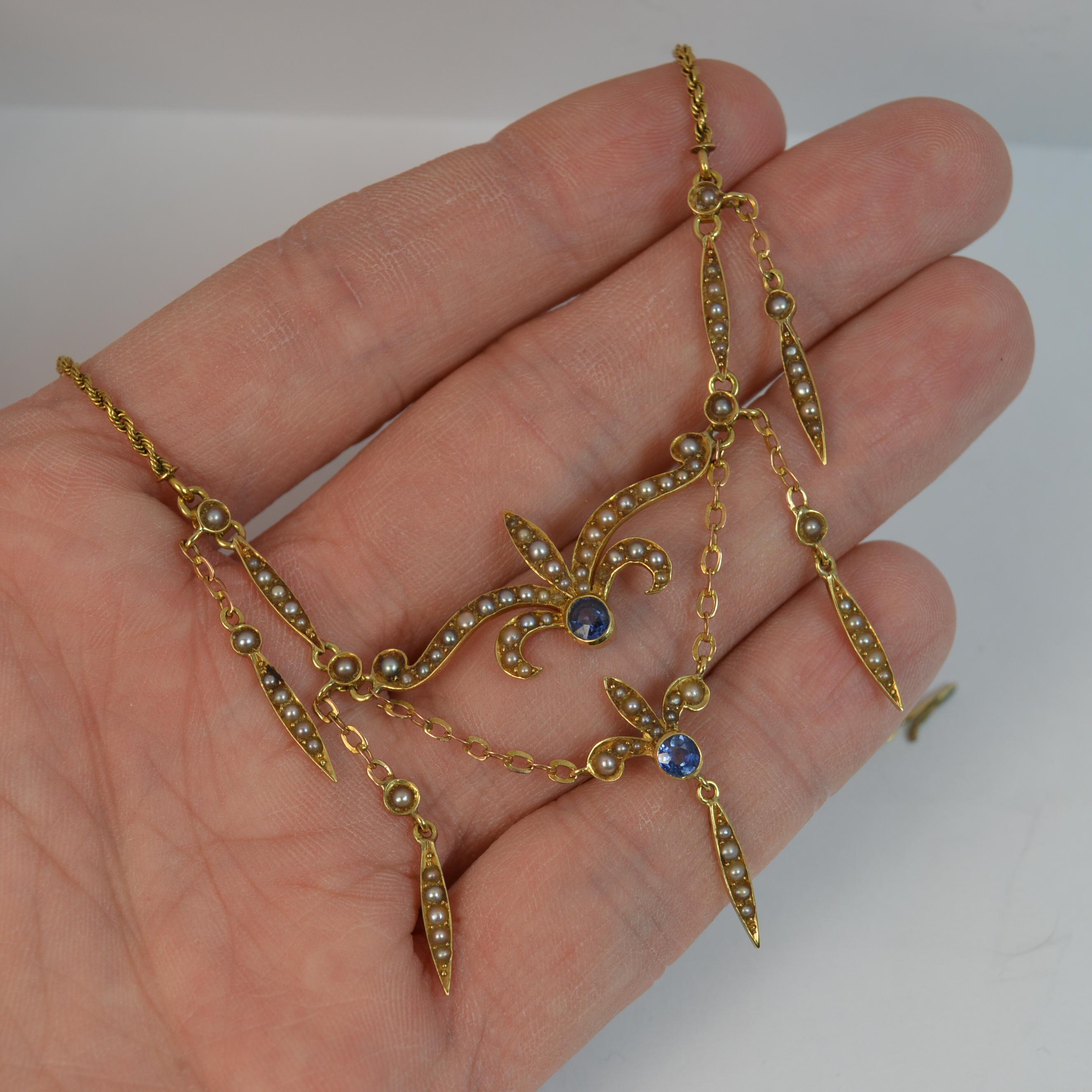 Art Nouveau 15 Carat Gold Sapphire and Seed Pearl Long Necklace Pendant 4