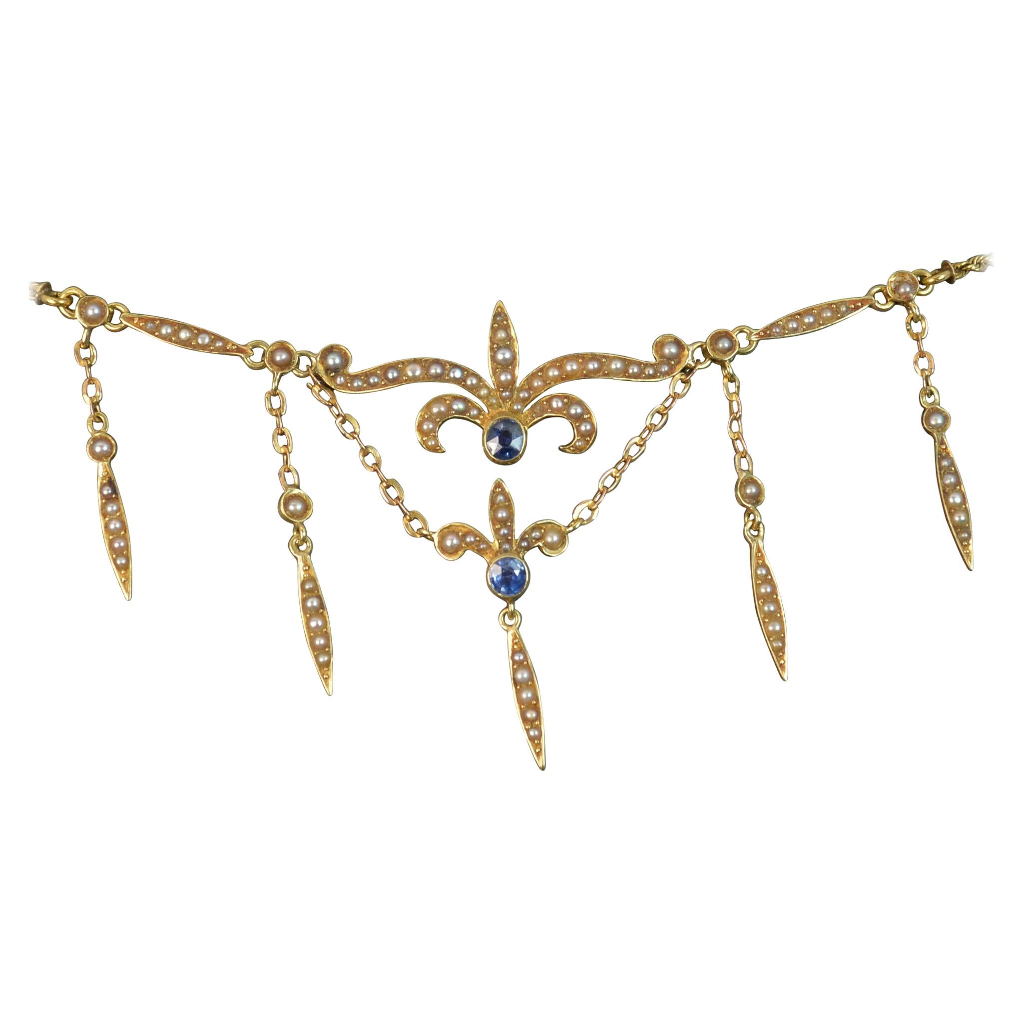 Art Nouveau 15 Carat Gold Sapphire and Seed Pearl Long Necklace Pendant