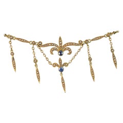 Vintage Art Nouveau 15 Carat Gold Sapphire and Seed Pearl Long Necklace Pendant
