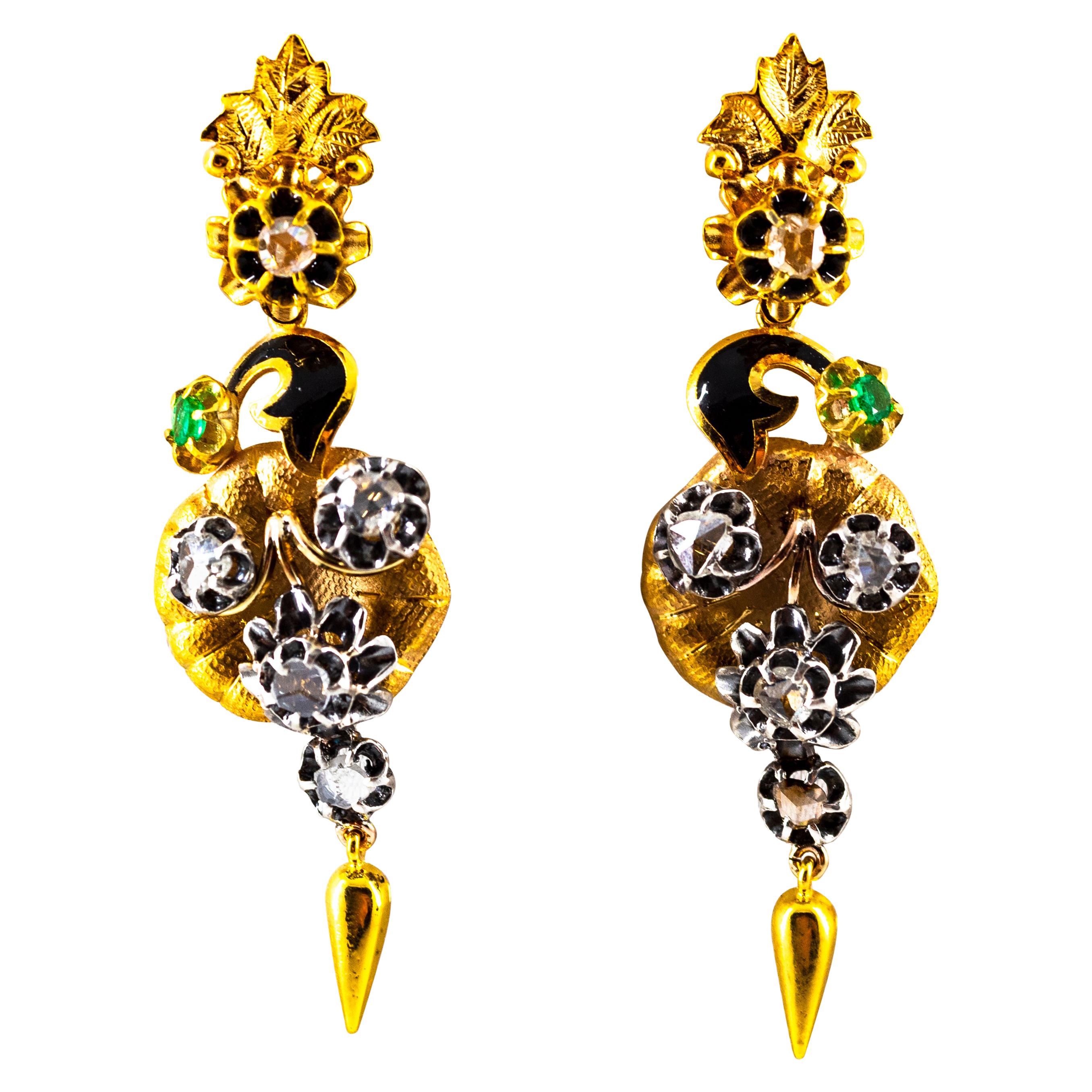 Art Nouveau 1.50 Carat White Rose Cut Diamond Emerald Yellow Gold Drop Earrings