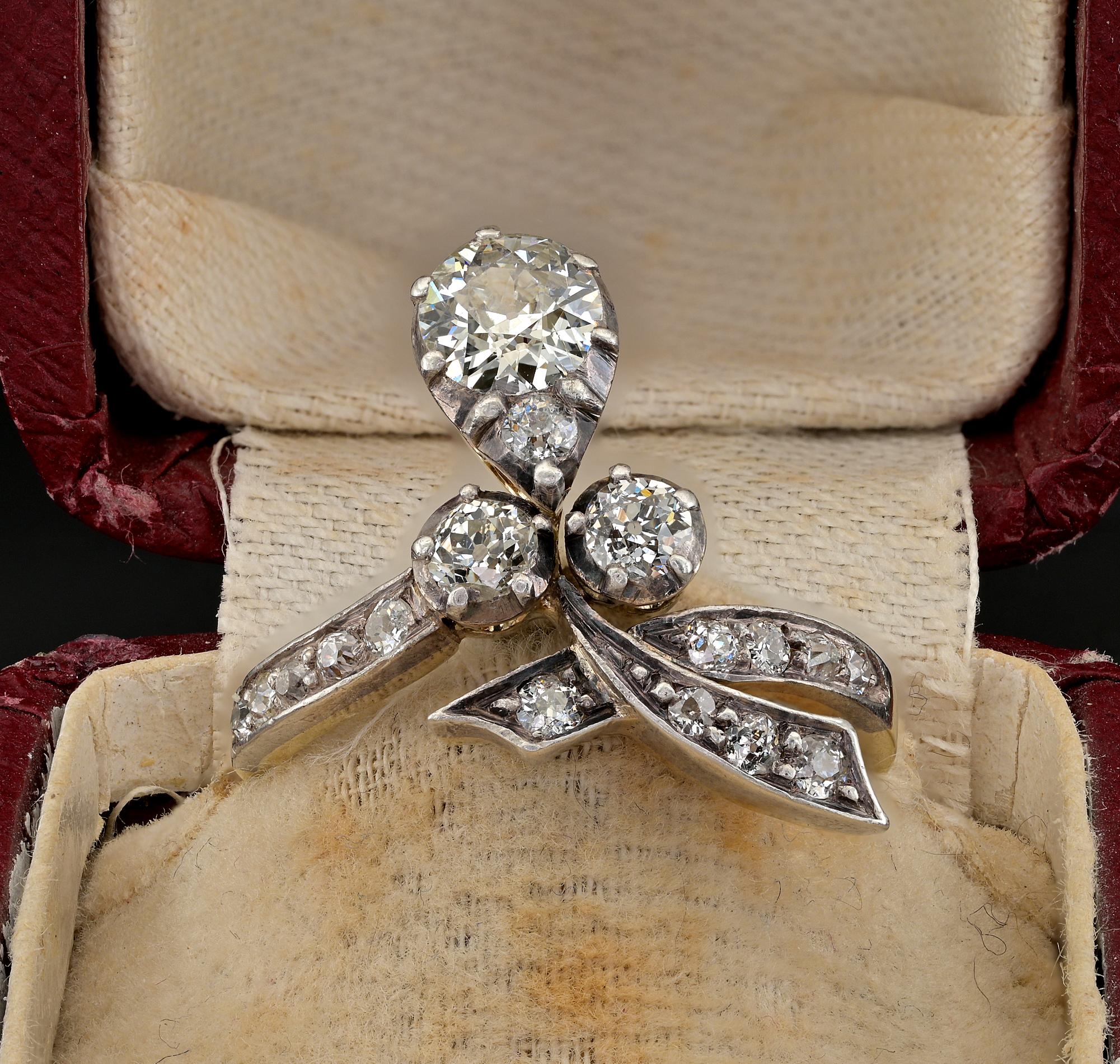 Epitome of pure Beauty and elegance Nature inspired, this rare, authentic art Nouveau ring is the expression of that era
This beautiful example is crafted of 18 KT solid gold with silver portion, dates 1890 ca
Larger Diamond is an old cut of .70 Ct