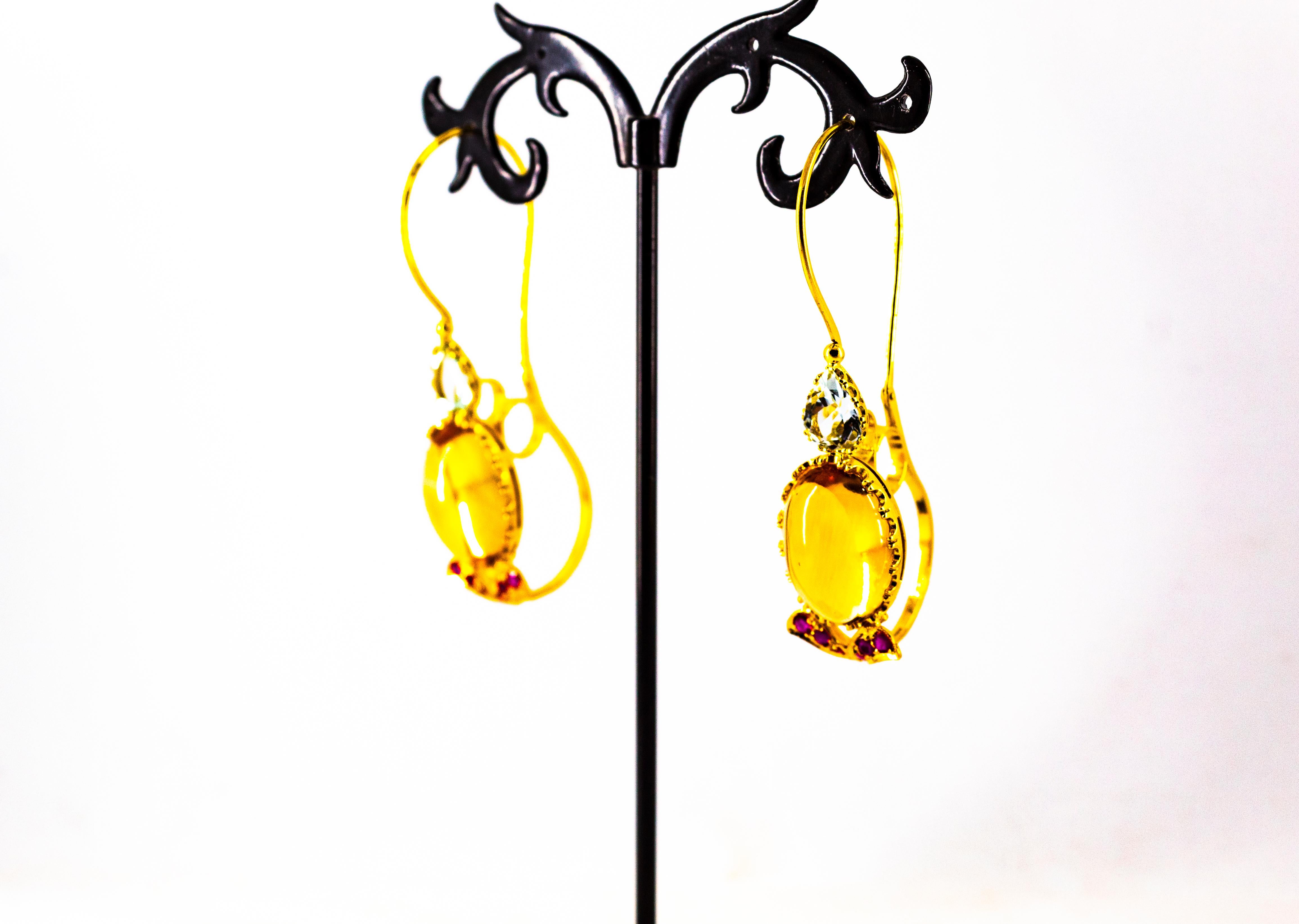 Art Nouveau 15.37 Carat Ruby Aquamarine Citrine Yellow Gold Lever-Back Earrings For Sale 7