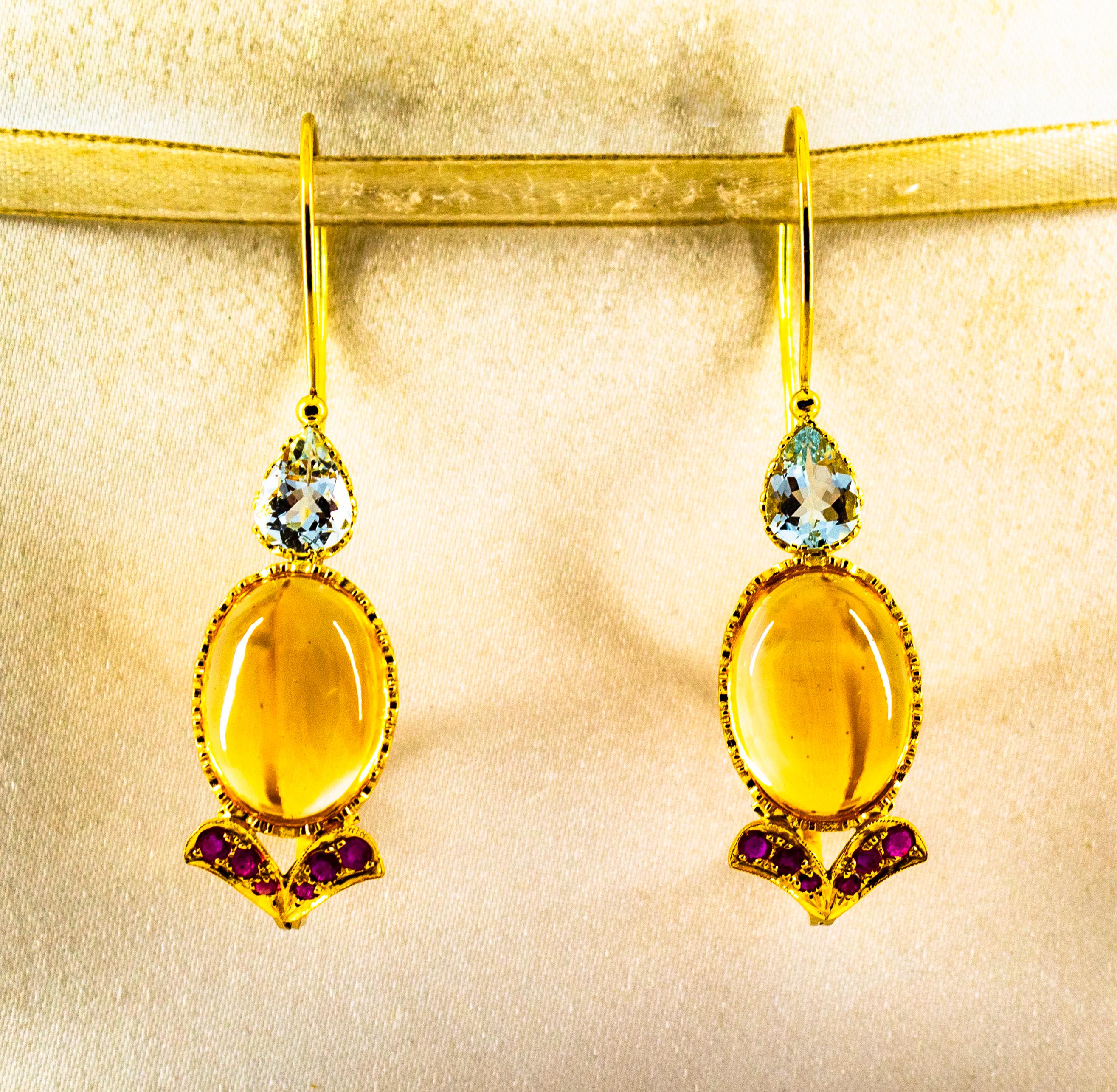 Cabochon Art Nouveau 15.37 Carat Ruby Aquamarine Citrine Yellow Gold Lever-Back Earrings For Sale