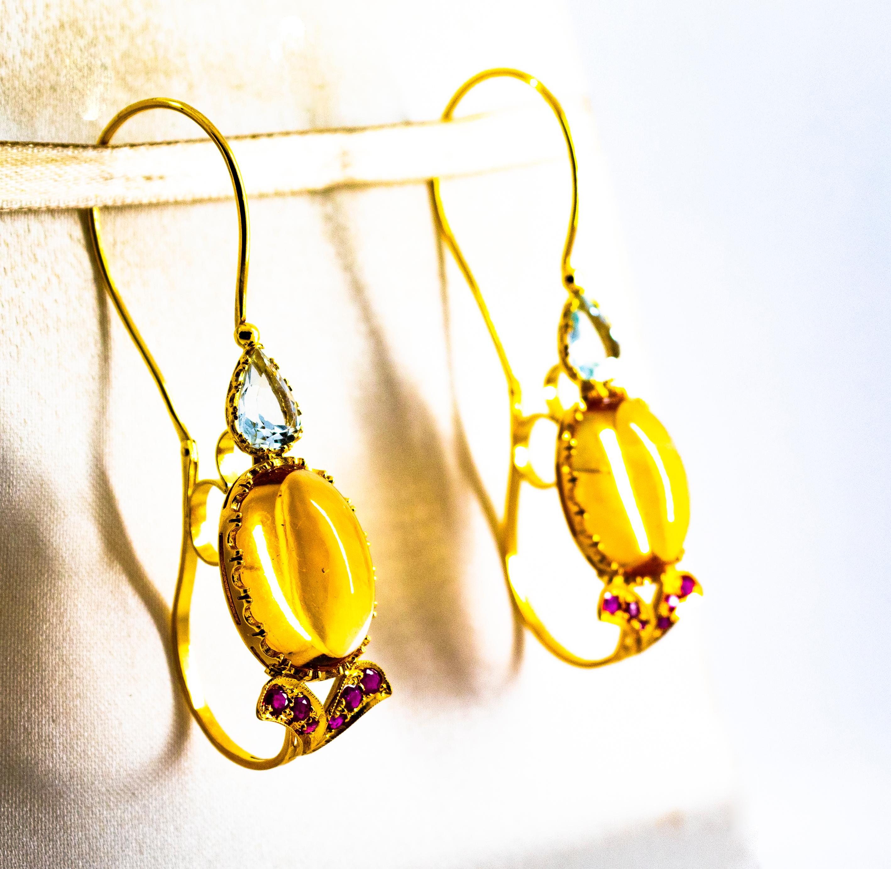 Art Nouveau 15.37 Carat Ruby Aquamarine Citrine Yellow Gold Lever-Back Earrings In New Condition In Naples, IT