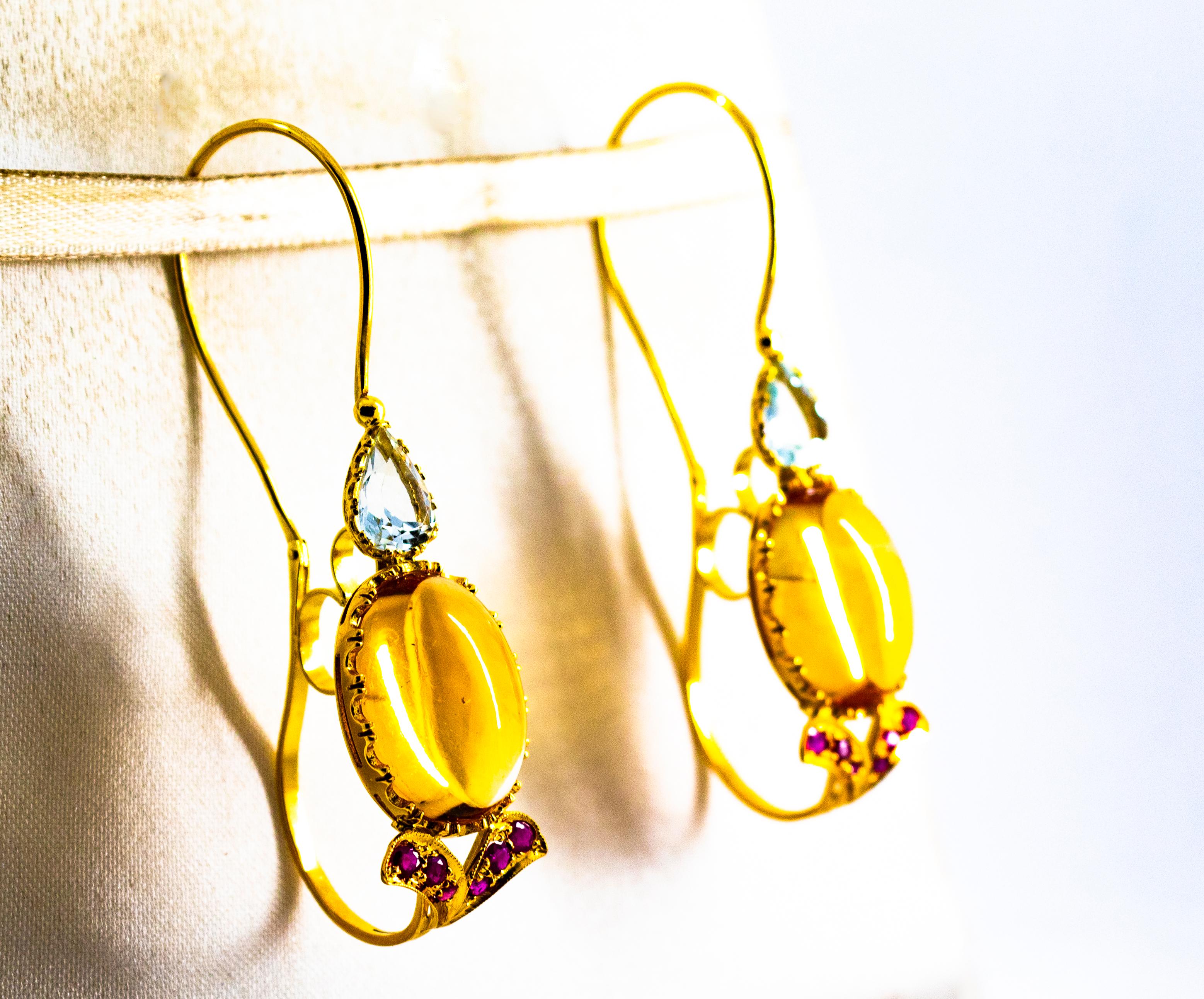 Women's or Men's Art Nouveau 15.37 Carat Ruby Aquamarine Citrine Yellow Gold Lever-Back Earrings For Sale