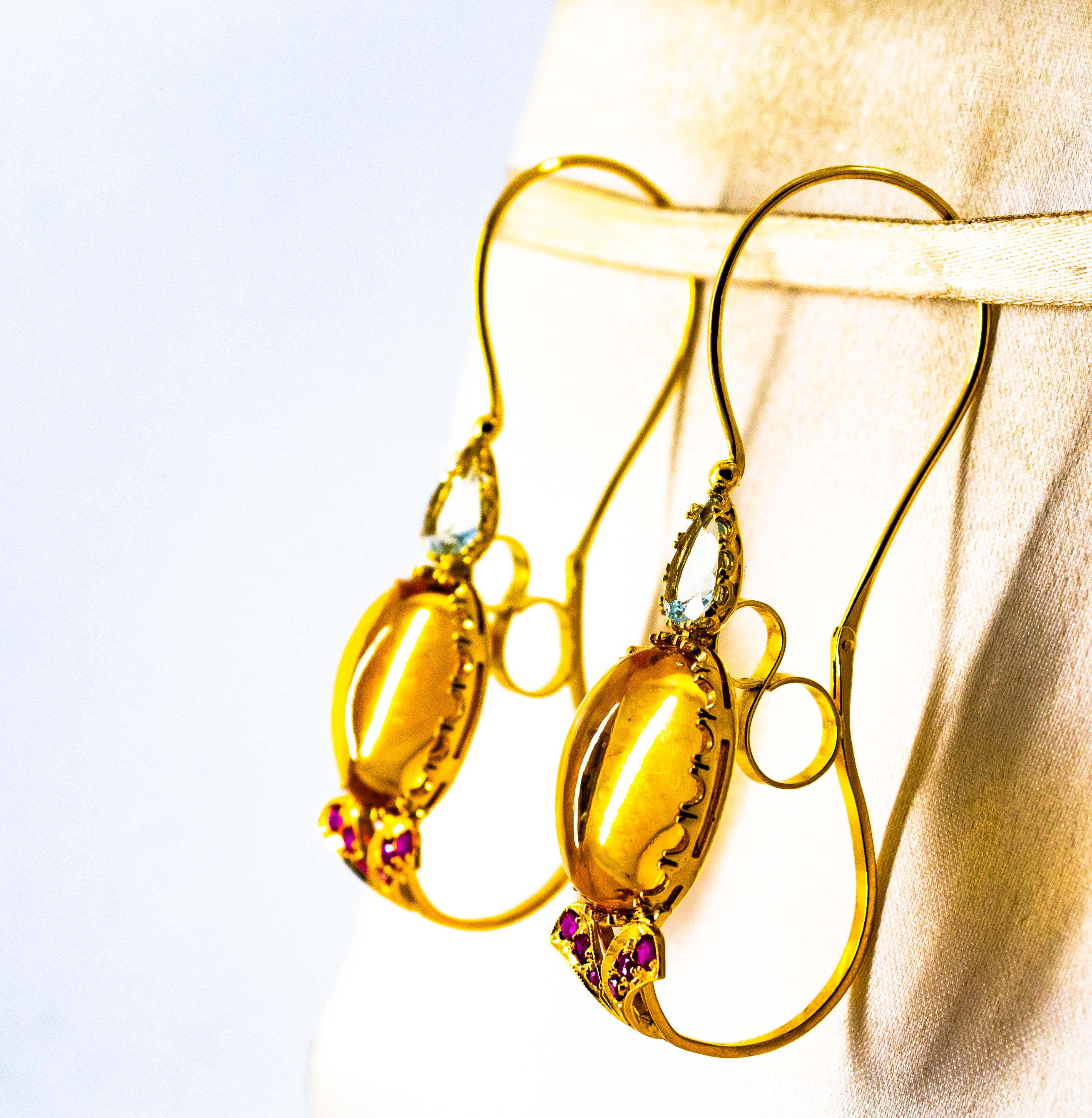 Art Nouveau 15.37 Carat Ruby Aquamarine Citrine Yellow Gold Lever-Back Earrings For Sale 1