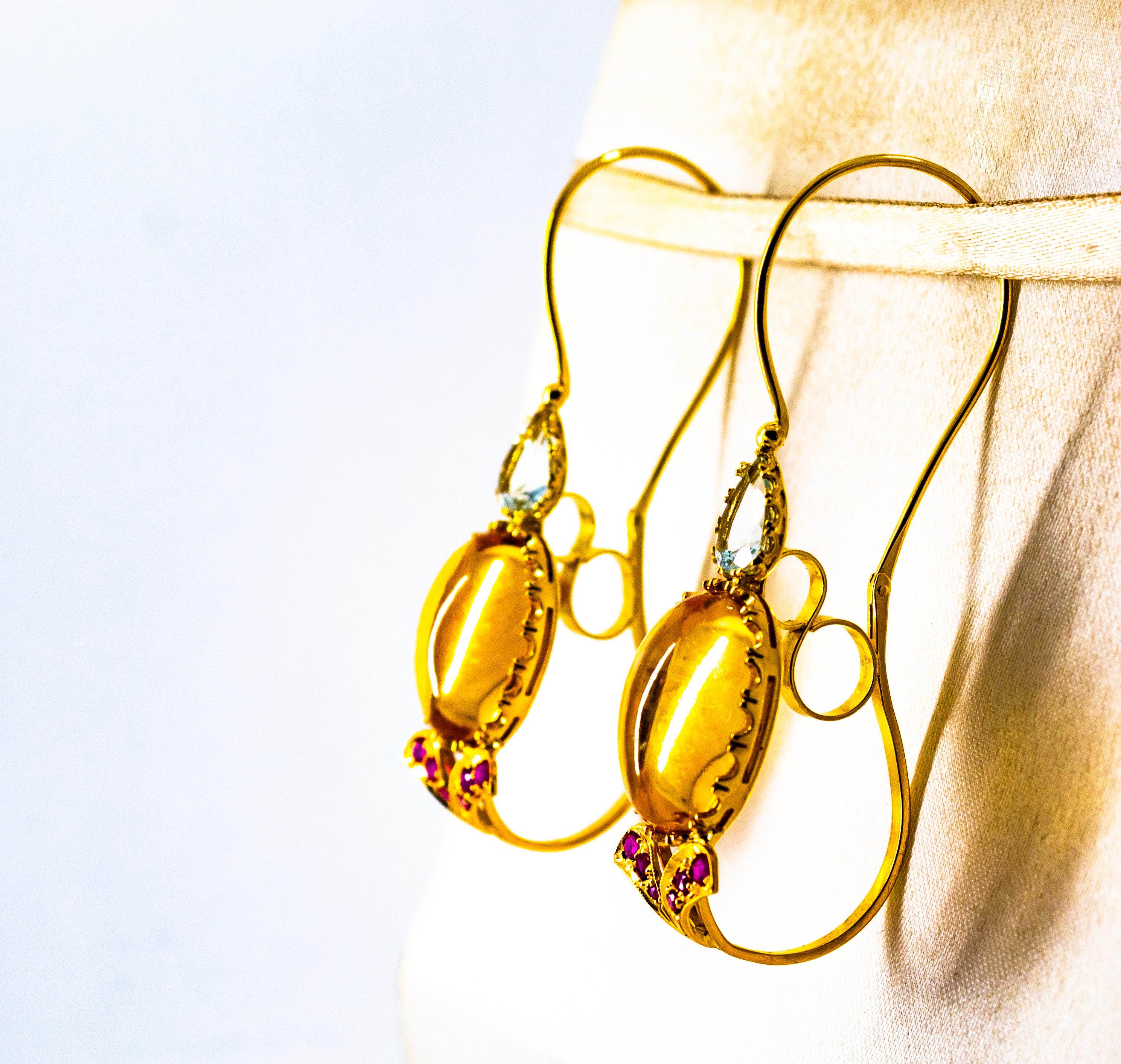 Art Nouveau 15.37 Carat Ruby Aquamarine Citrine Yellow Gold Lever-Back Earrings For Sale 2