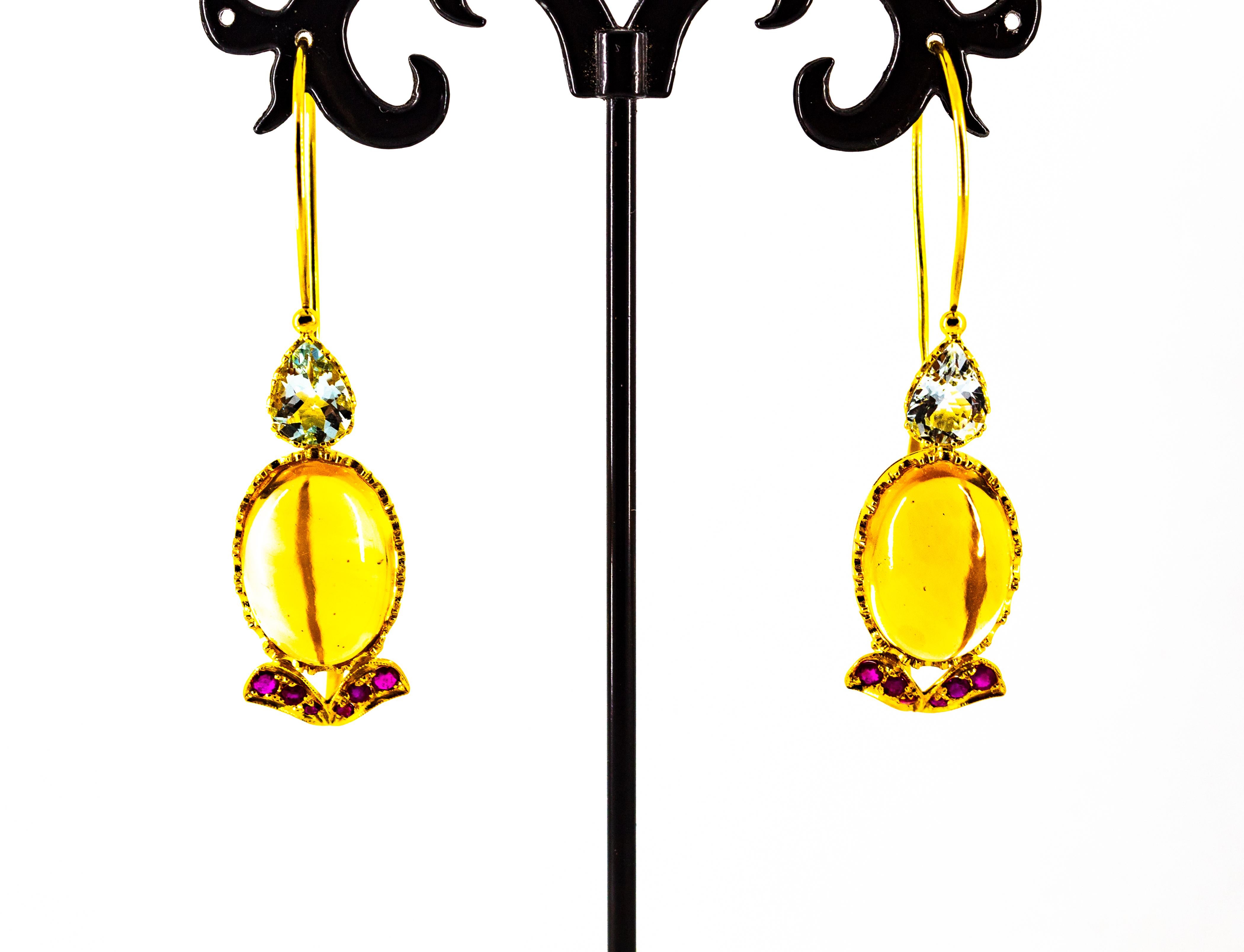 Art Nouveau 15.37 Carat Ruby Aquamarine Citrine Yellow Gold Lever-Back Earrings For Sale 3