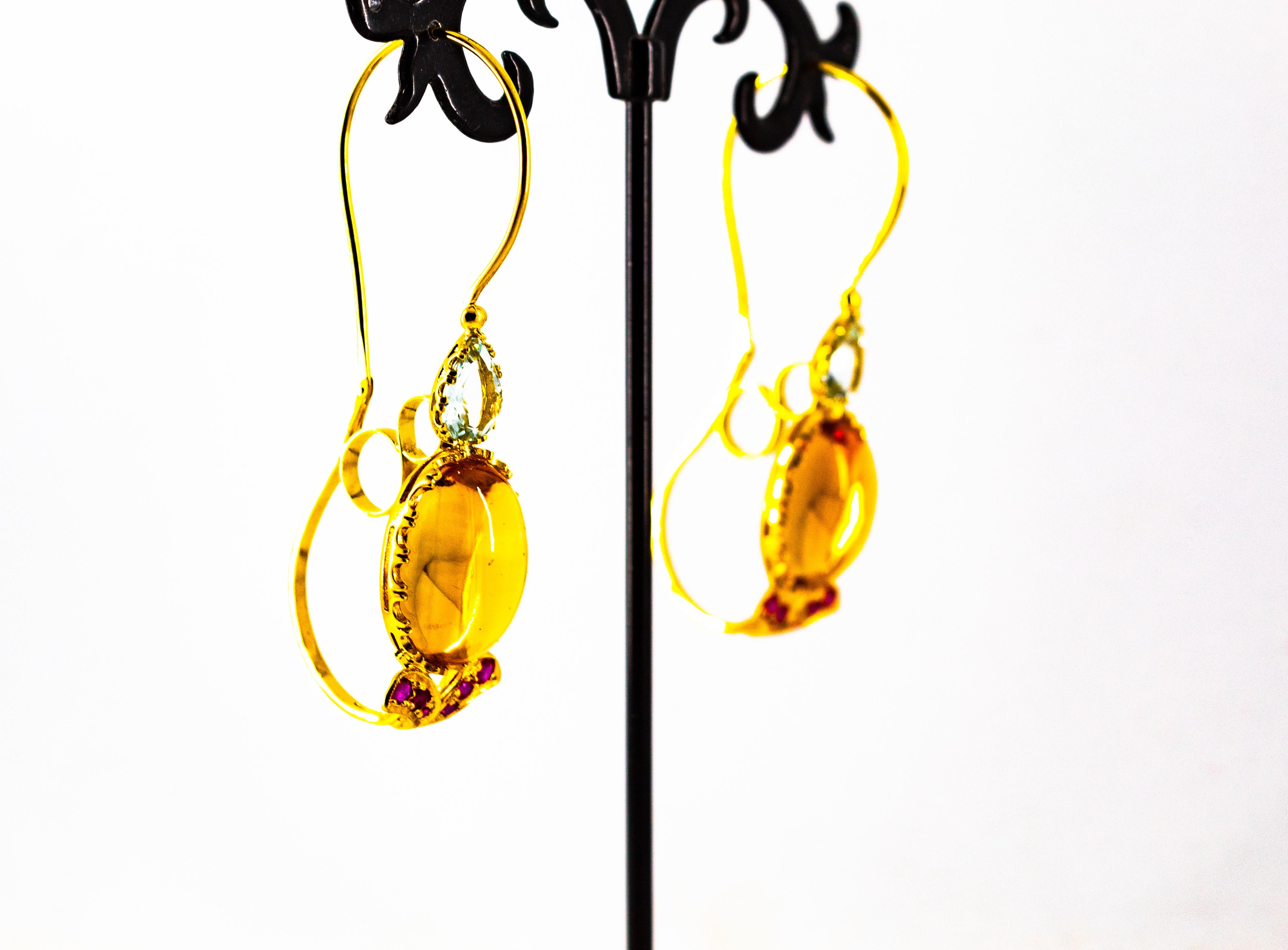 Art Nouveau 15.37 Carat Ruby Aquamarine Citrine Yellow Gold Lever-Back Earrings For Sale 4