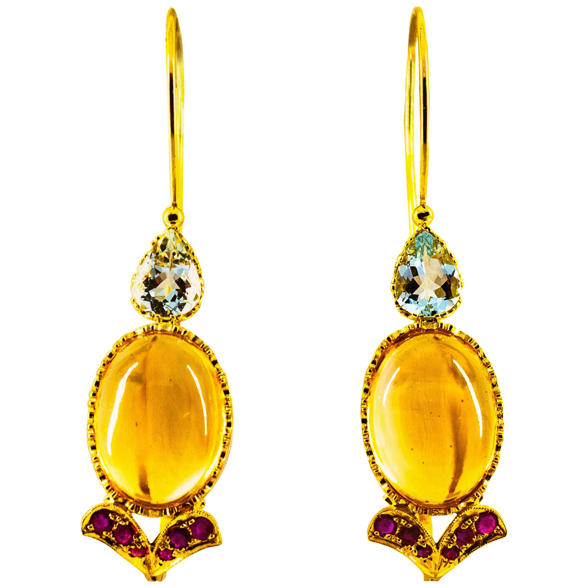 Art Nouveau 15.37 Carat Ruby Aquamarine Citrine Yellow Gold Lever-Back Earrings
