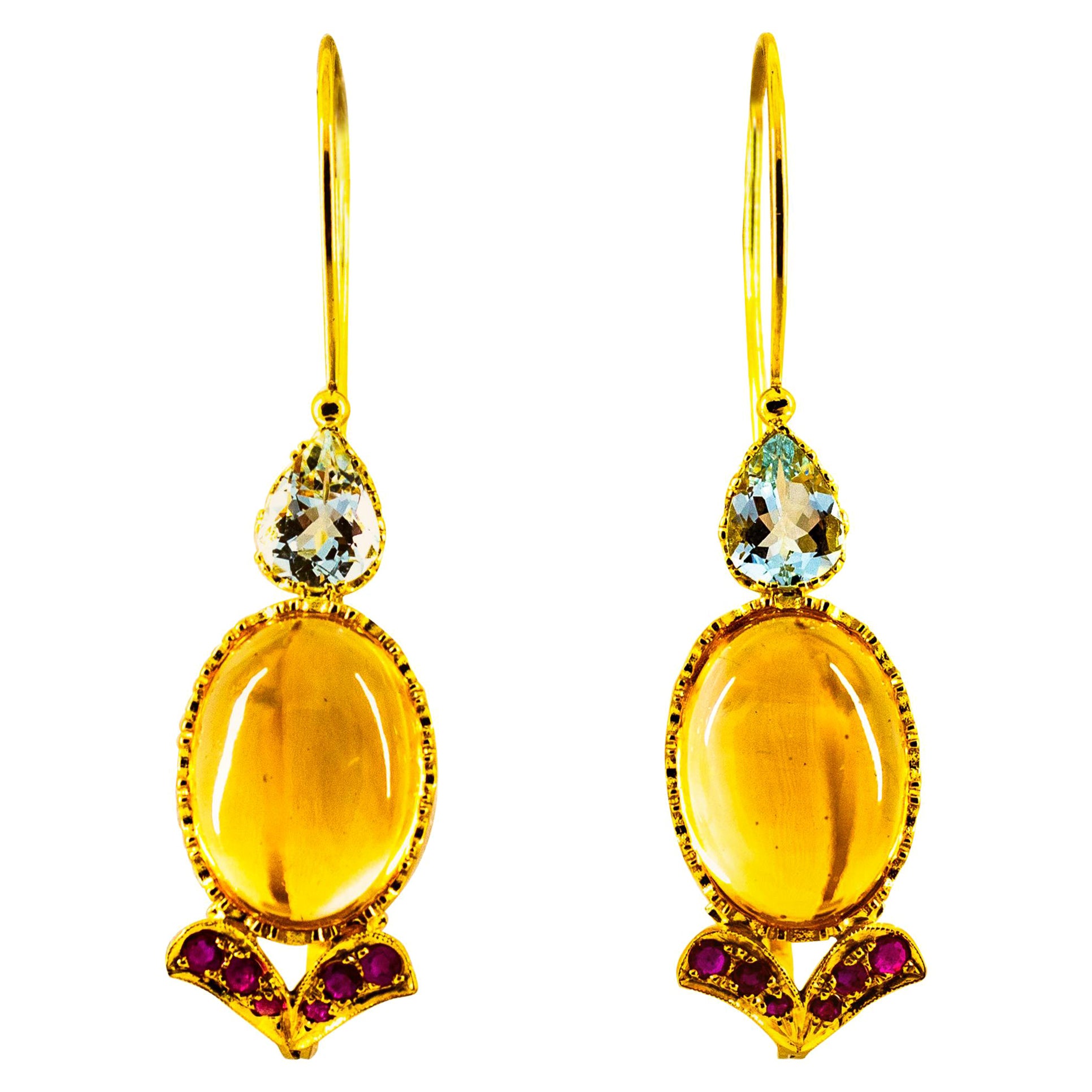 Art Nouveau 15.37 Carat Ruby Aquamarine Citrine Yellow Gold Lever-Back Earrings For Sale