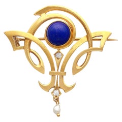 Art Nouveau 1.59 Carat Lapis Lazuli Diamond Pearl Yellow Gold Brooch