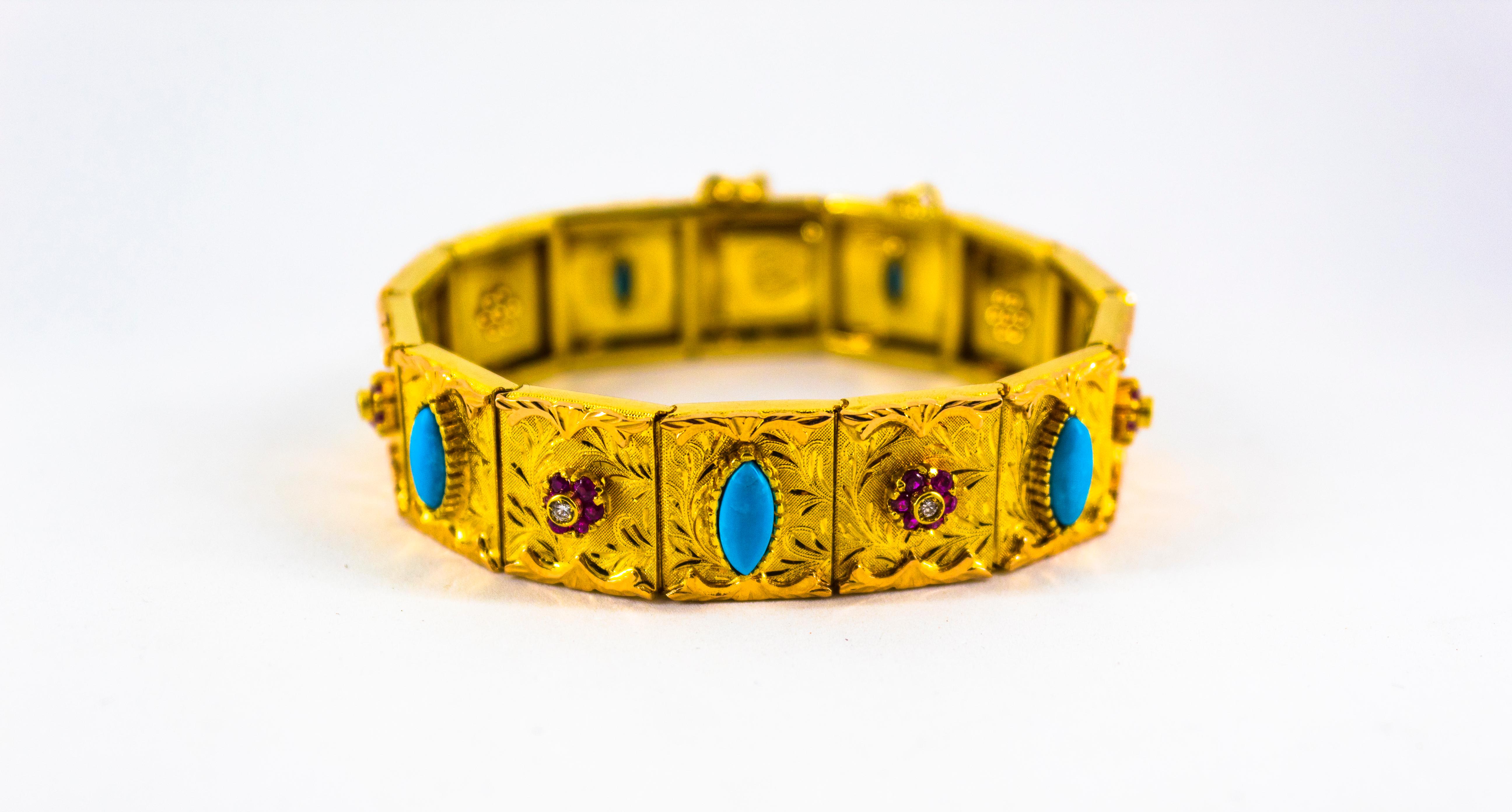 This Bracelet is made of 18K Yellow Gold.
This Bracelet has 0.25 Carats of White Diamond.
This Bracelet has 1.40 Carats of Rubies.
This Bracelet has also Turquoise.
This Bracelet is inspired by Art Nouveau.
We're a workshop so every piece is