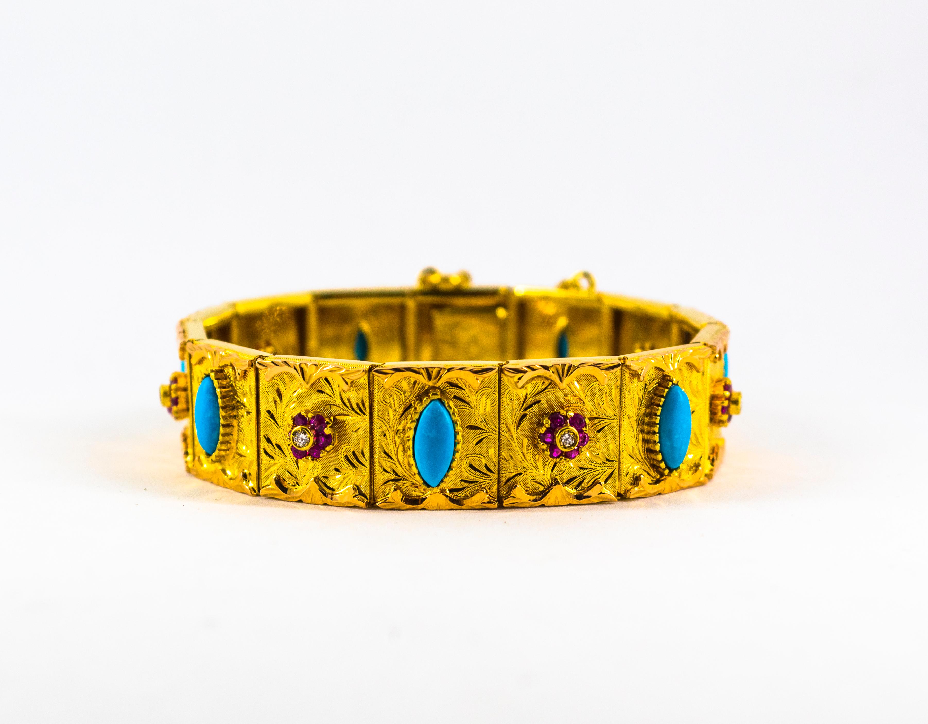 Brilliant Cut Art Nouveau 1.65 Carat White Diamond Ruby Turquoise Yellow Gold Retro Bracelet