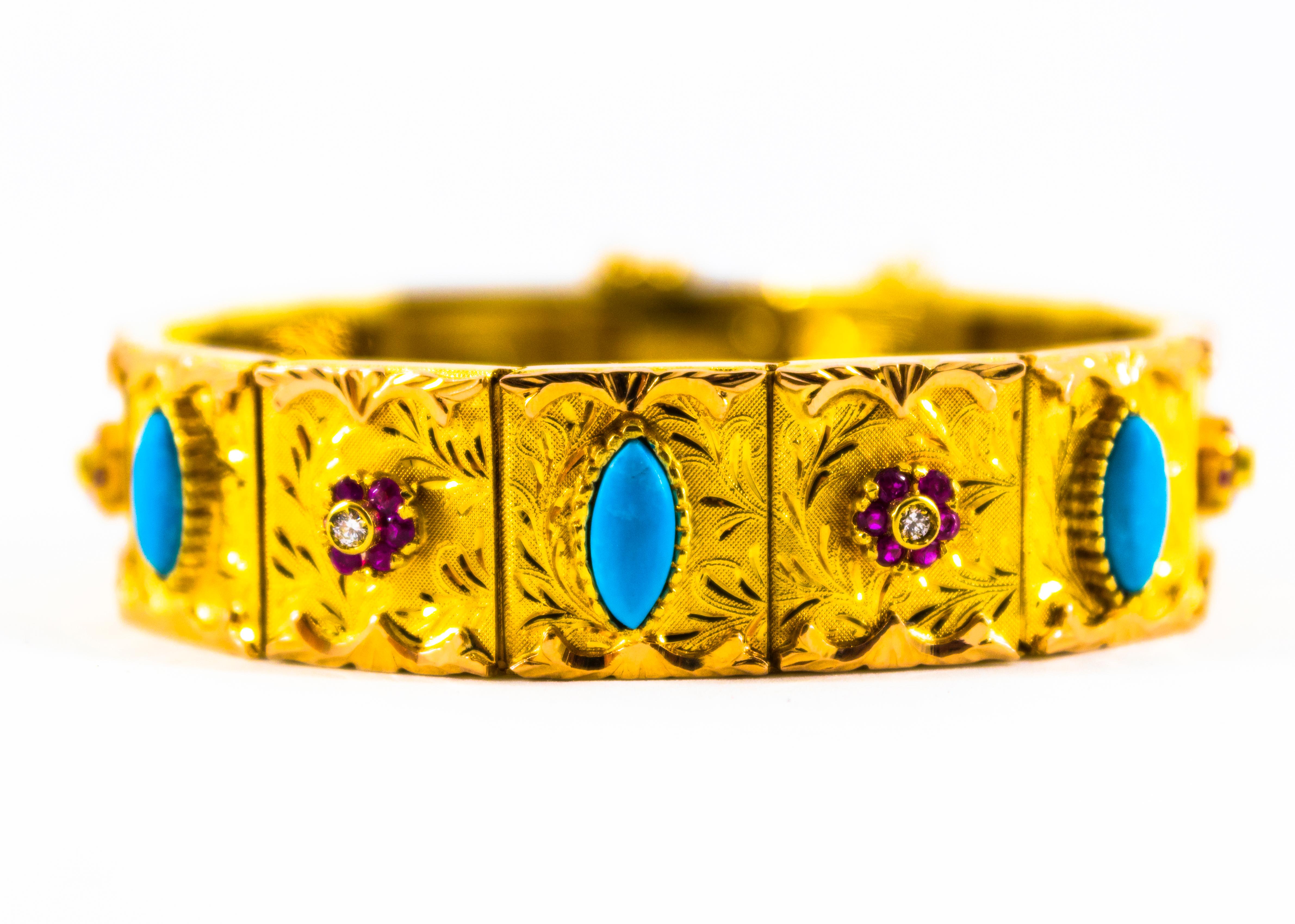 Women's or Men's Art Nouveau 1.65 Carat White Diamond Ruby Turquoise Yellow Gold Retro Bracelet