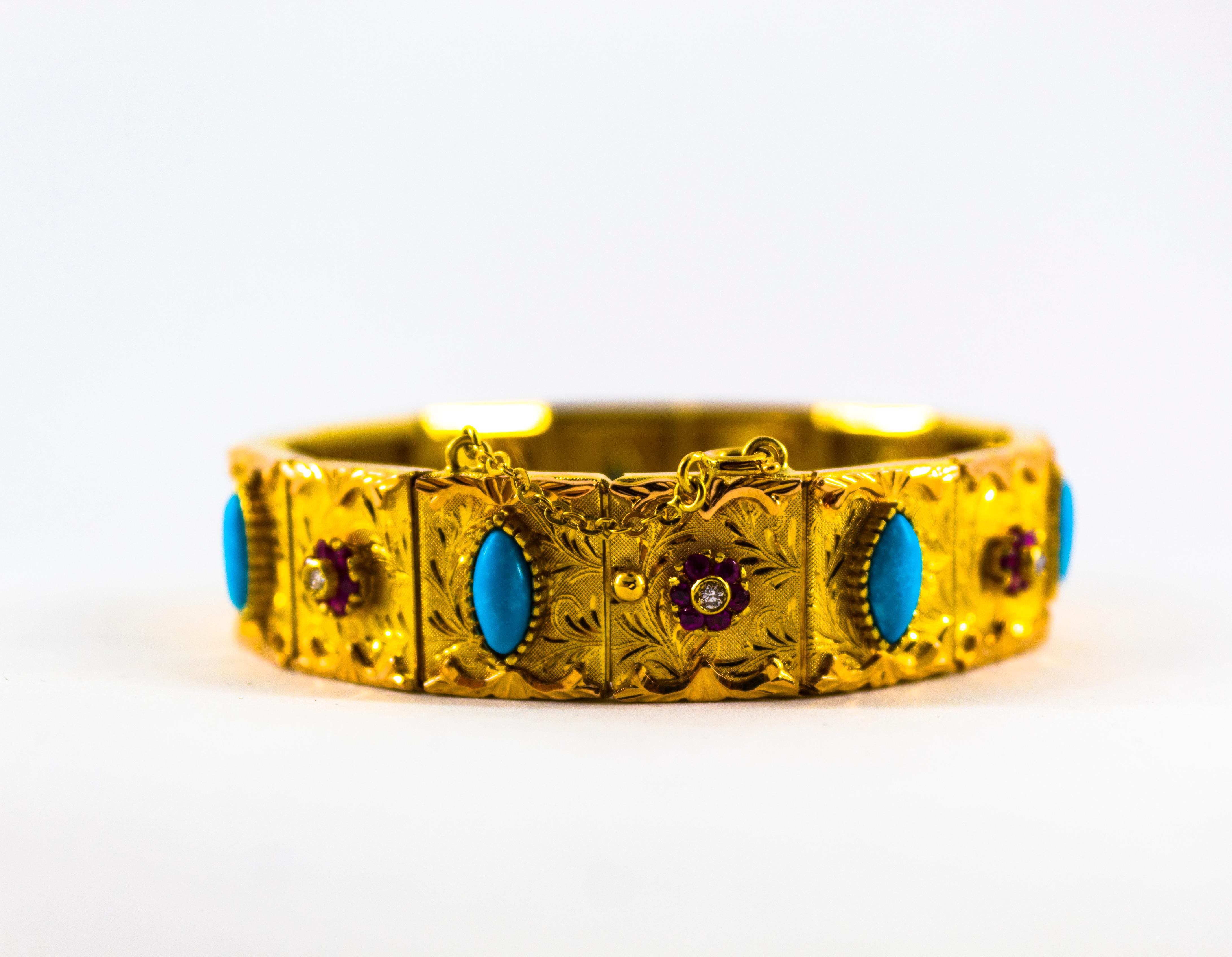 Women's or Men's Art Nouveau 1.65 Carat White Diamond Ruby Turquoise Yellow Gold Retro Bracelet