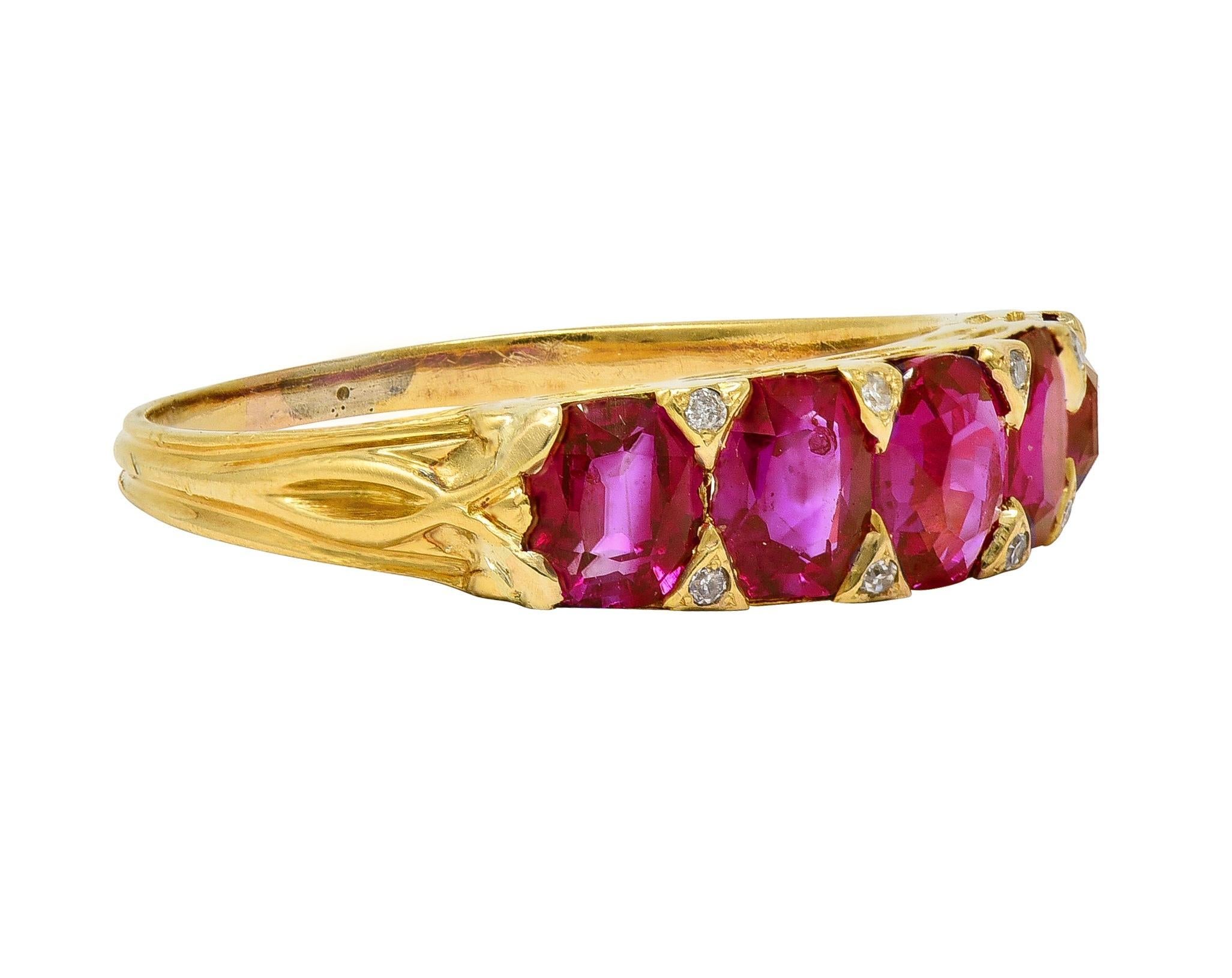 Single Cut Art Nouveau 1.67 CTW Ruby Diamond 18 Karat Yellow Gold Foliate Antique Band Ring For Sale