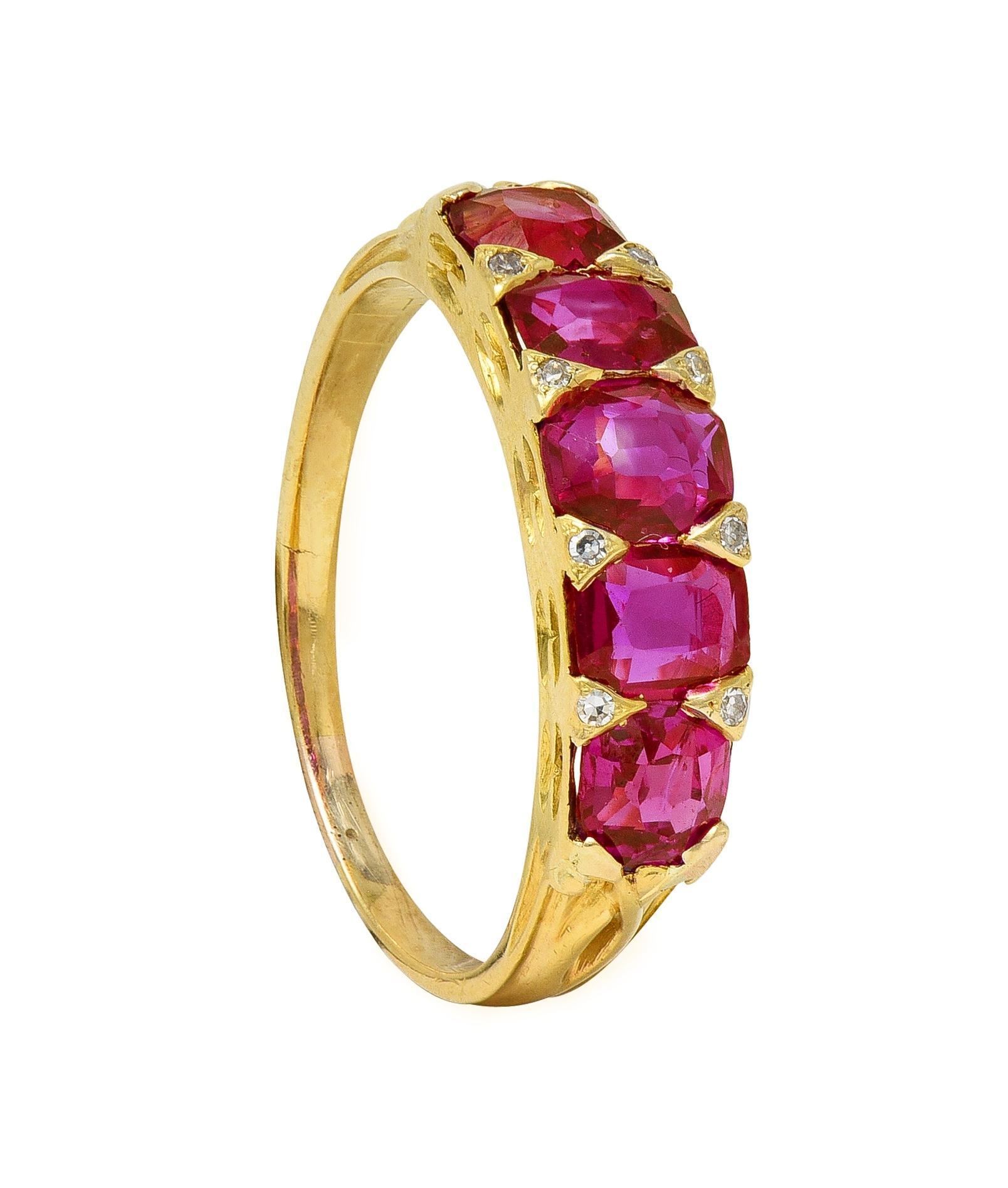 Art Nouveau 1.67 CTW Ruby Diamond 18 Karat Yellow Gold Foliate Antique Band Ring For Sale 6