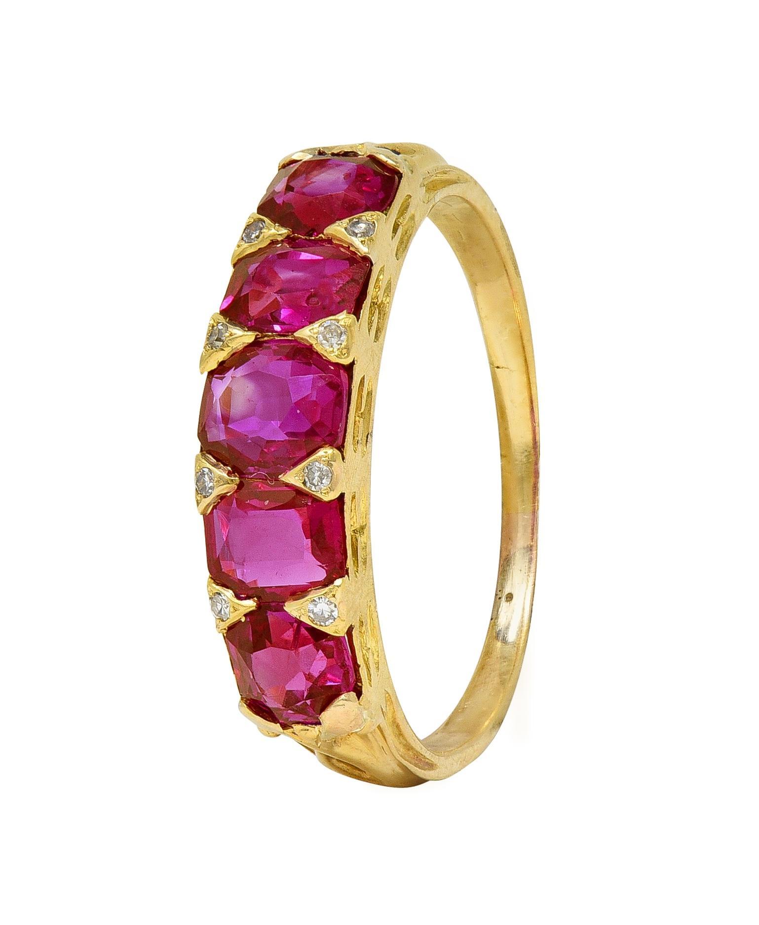 Art Nouveau 1.67 CTW Ruby Diamond 18 Karat Yellow Gold Foliate Antique Band Ring For Sale 3