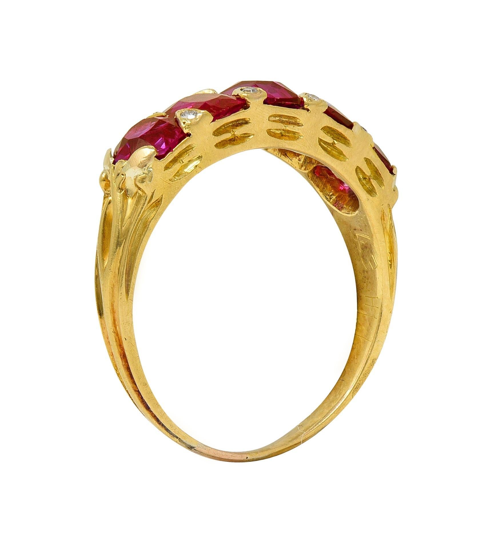 Art Nouveau 1.67 CTW Ruby Diamond 18 Karat Yellow Gold Foliate Antique Band Ring For Sale 4