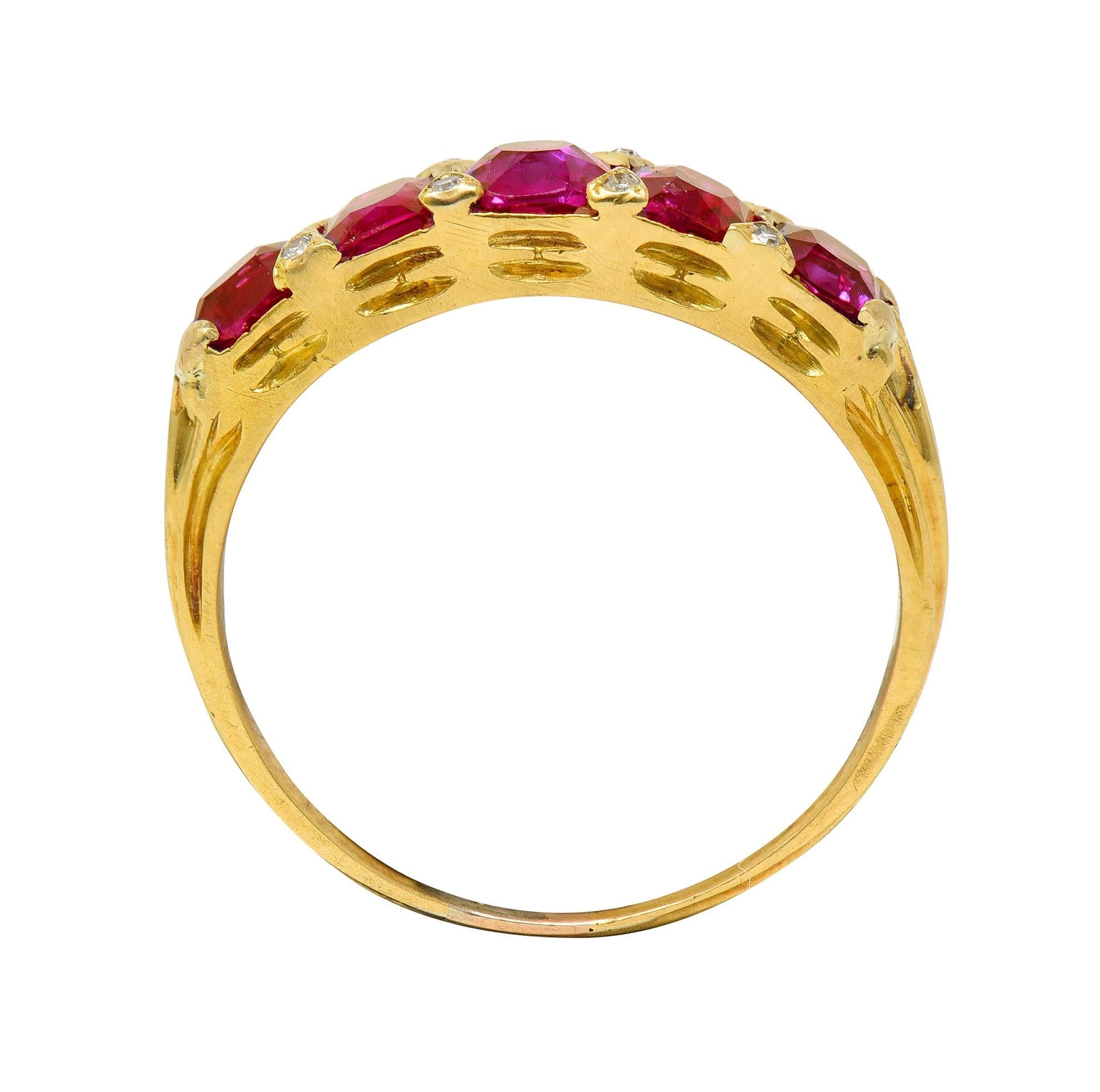 Art Nouveau 1.67 CTW Ruby Diamond 18 Karat Yellow Gold Foliate Antique Band Ring For Sale 5