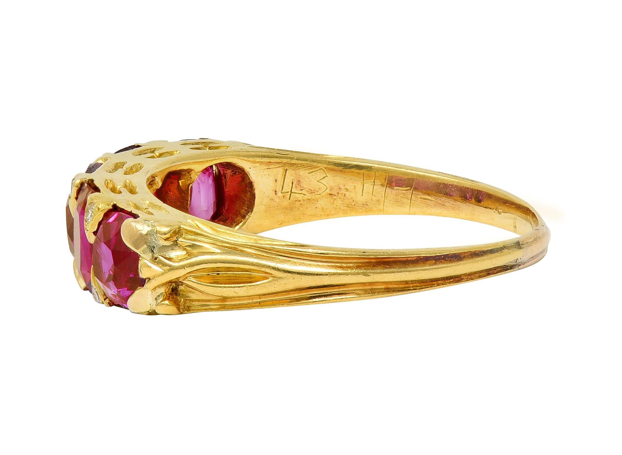 Women's or Men's Art Nouveau 1.67 CTW Ruby Diamond 18 Karat Yellow Gold Foliate Antique Band Ring For Sale