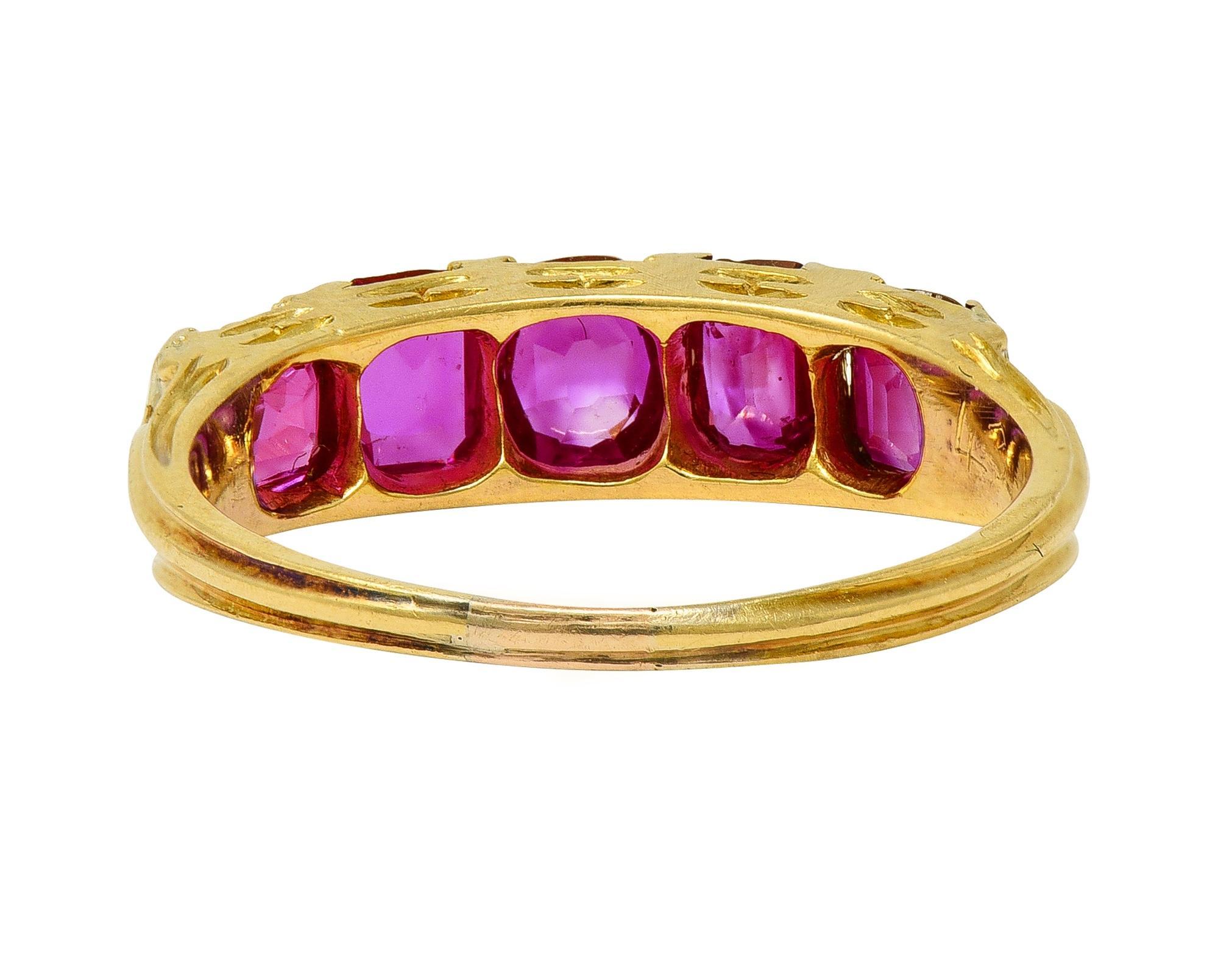 Art Nouveau 1.67 CTW Ruby Diamond 18 Karat Yellow Gold Foliate Antique Band Ring In Excellent Condition For Sale In Philadelphia, PA