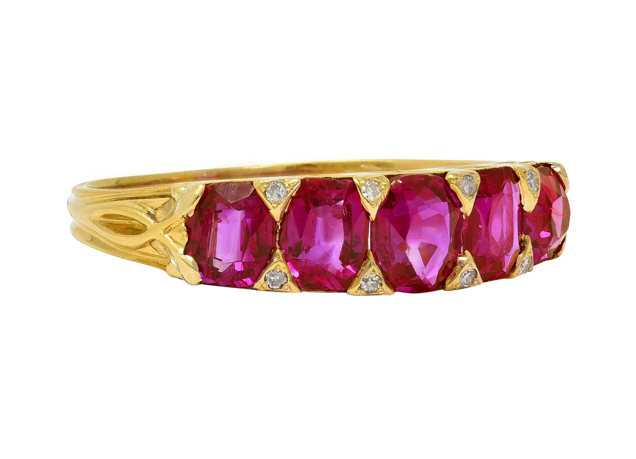 Art Nouveau 1.67 CTW Ruby Diamond 18 Karat Yellow Gold Foliate Antique Band Ring For Sale 1