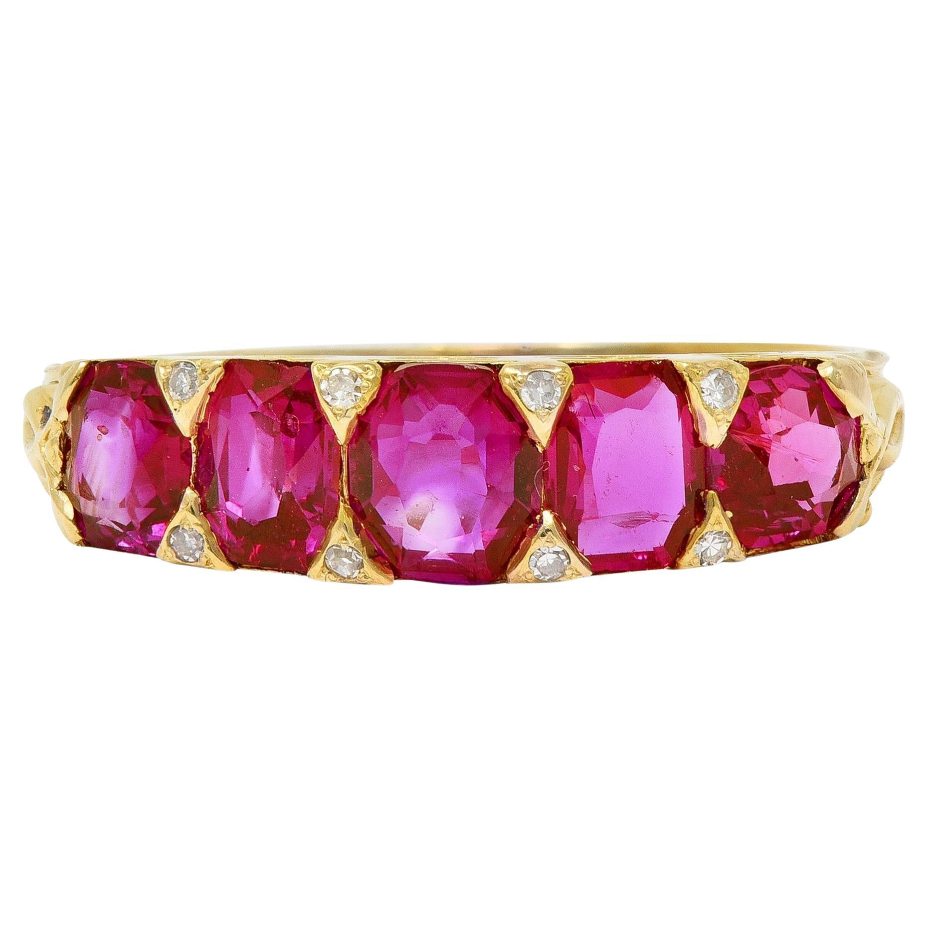 Art Nouveau 1.67 CTW Ruby Diamond 18 Karat Yellow Gold Foliate Antique Band Ring For Sale